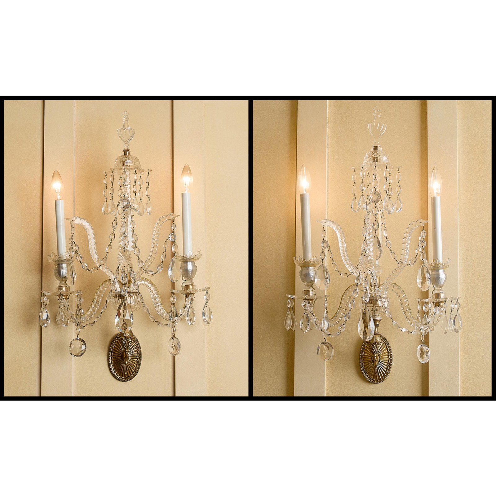 Pr George III Style 2-Light Cut Glass Wall Sconces: Pair of George III-style gilt bronze two-branch wall sconces, 19th-20th century. Each featuring a central, faceted obelisk form flanked by serpentine arms decorated with cut-glass pendalts. Provenance