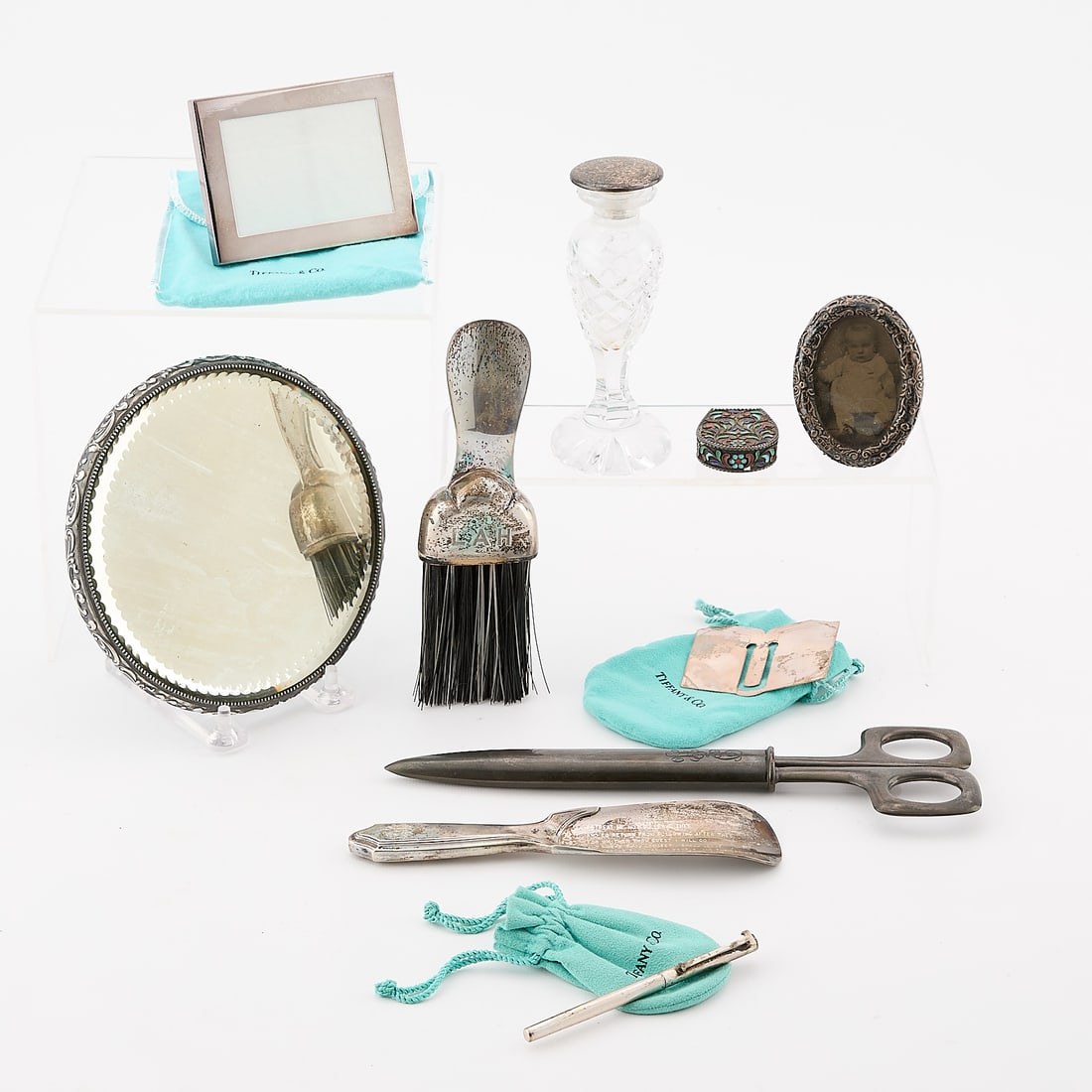 Misc Sterling Pieces incl. Tiffany & Co.: Miscellaneous sterling pieces including: Tiffany & Co sterling silver shoe horn engraved with Ruth 1:16 and initials LHH. Tiffany & Co. small sterling pen, picture frame and bookmark. Gorham sterling 