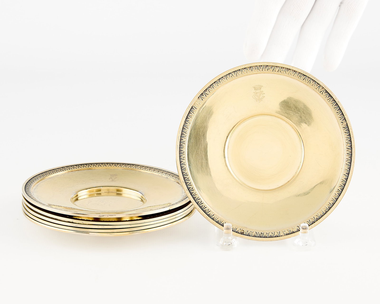 Puiforcat 950 Silver Saucers w/ Comte Crest 17 ozt: Puiforcat, France. Group of six .950 sterling silver gilt saucer dishes with decorative boarder and crest with French Comte coronet and initials CV or CX. Marked "Puiforcat," "Paris," and with pictori