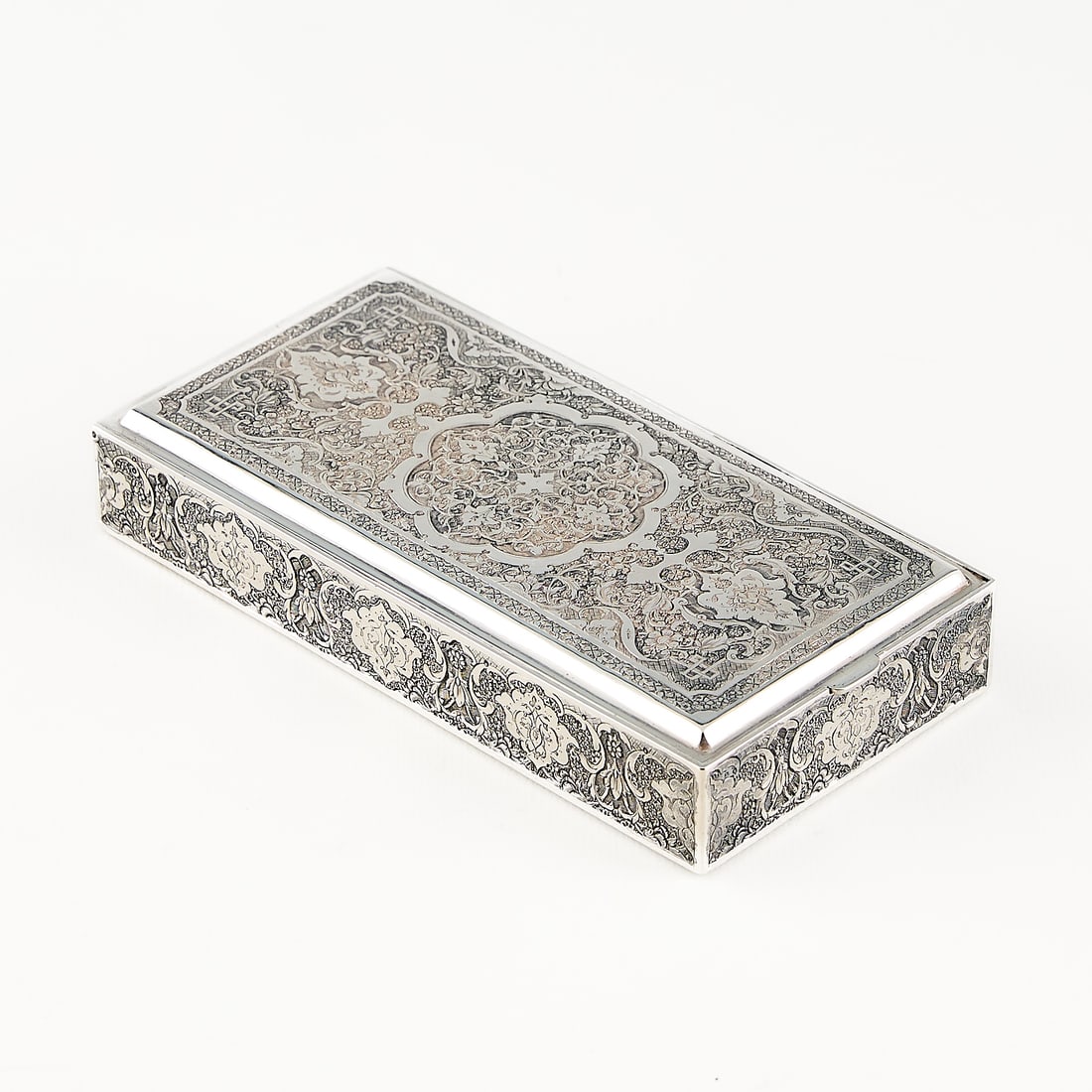 Russian 84 Silver Box - 305.4 g: Russian 84 silver box with finely detailed exterior and gilt interior. Marked 84 in cartouche along the interior with other unidentified mark. Provenance: The Distinguished Collection of Leo & Doris H
