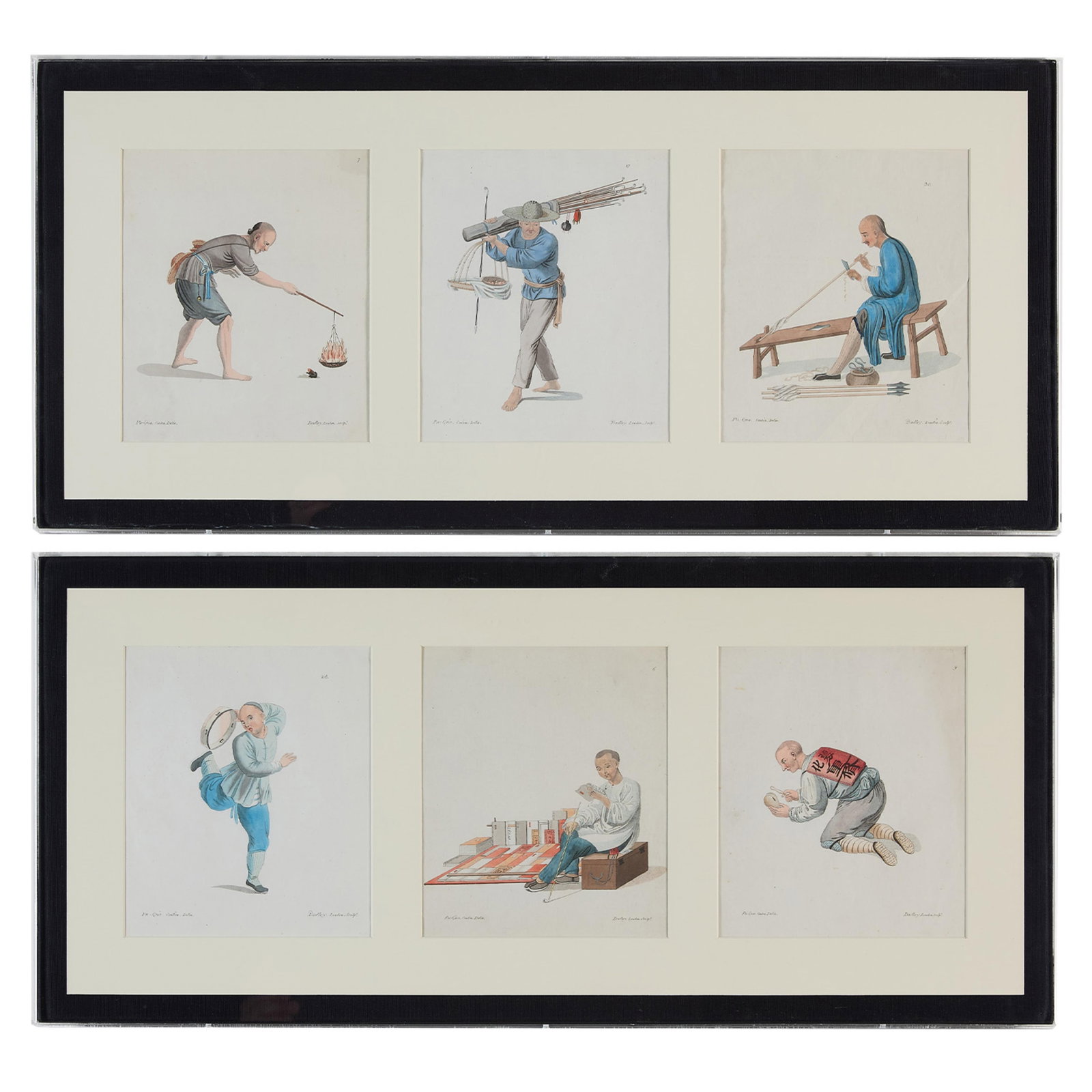6 Engravings of Chinese Trade Laborers ca. 1799: Set of six stipple engravings of Chinese street trades, ca. 1799. Depicting a tambourine player, an arrow maker, a pipe seller, a man holding a brazier over a frog, and a kneeling man striking a gourd