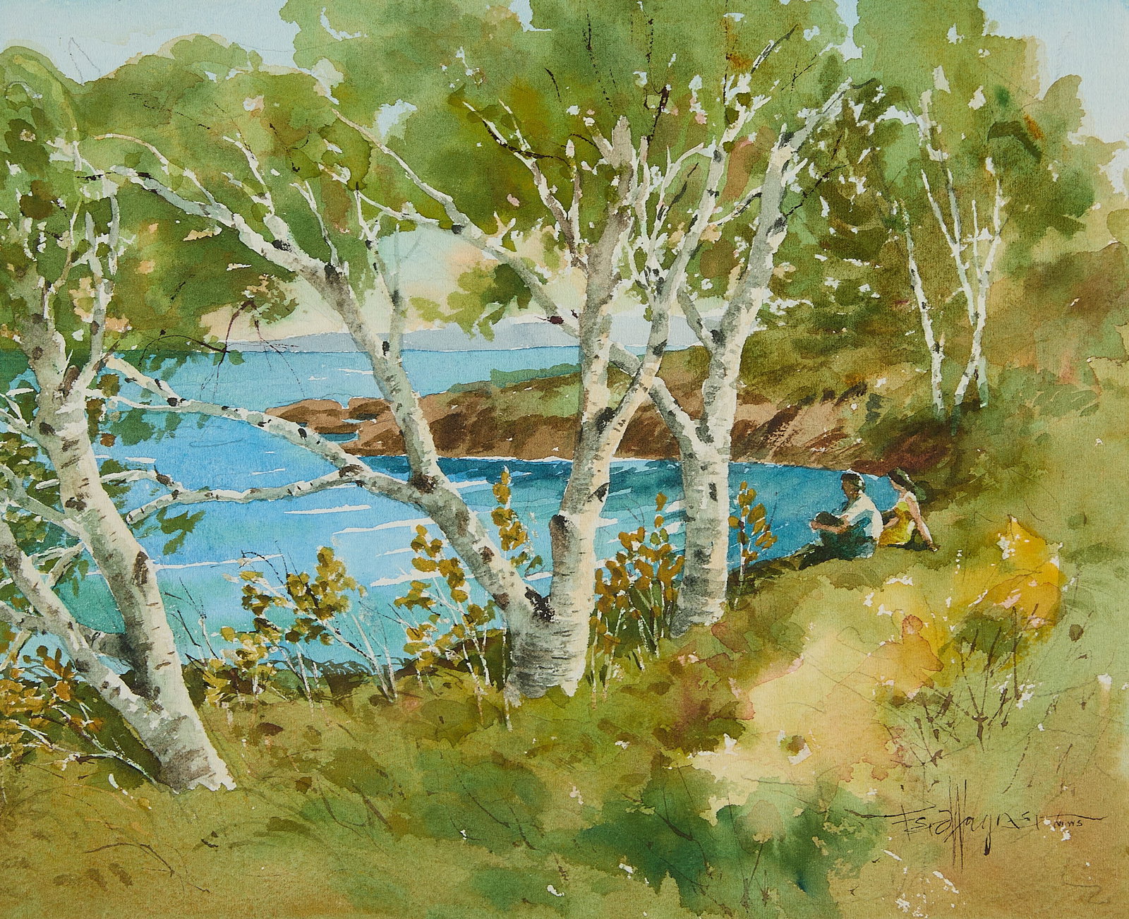 Ferdinand Wagner Landscape Watercolor Painting: Ferdinand "Ferd" Wagner (American, 1894-1982). Watercolor on paper painting depicting a couple seated along the shoreline under birch trees. Signed along the lower right. Provenance: The Distinguished