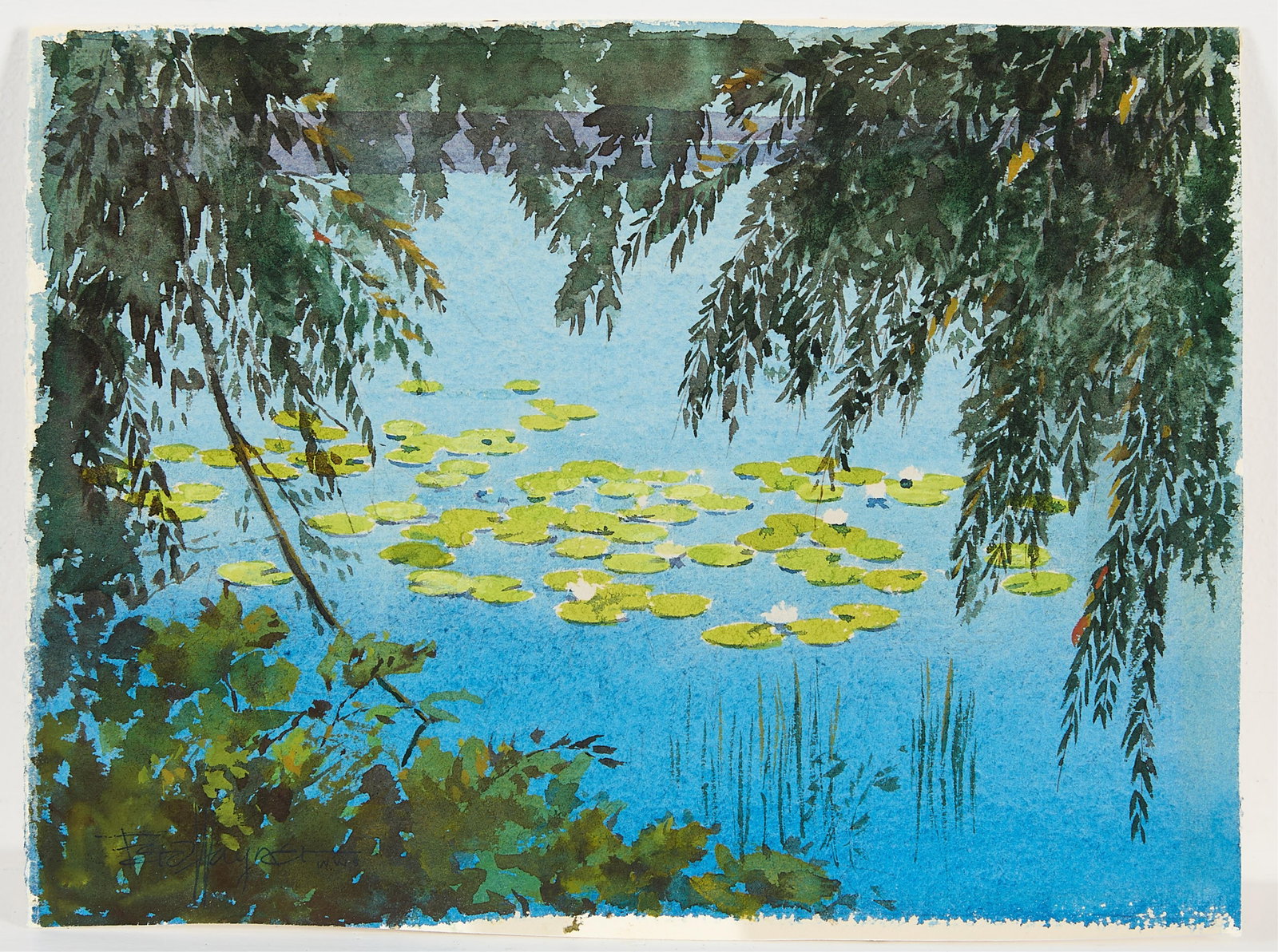 Ferdinand Wagner Landscape Watercolor Painting: Ferdinand "Ferd" Wagner (American, 1894-1982). Watercolor on paper painting depicting an array of lily pads floating along the surface of a pond, visible through a natural gap in the surrounding folia