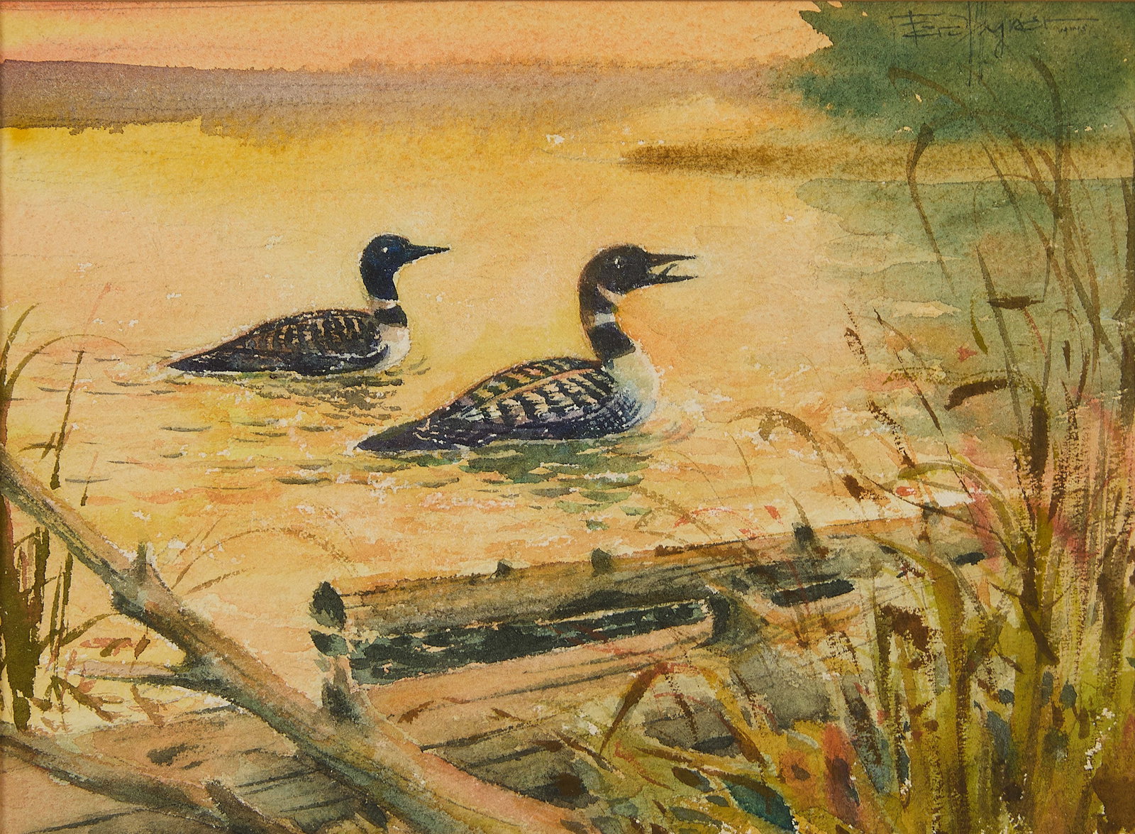 Ferdinand Wagner "Loony Pair" Watercolor Painting: Ferdinand "Ferd" Wagner (American, 1894-1982). Watercolor on paper painting titled "Loony Pair," depicting two loons swimming through a lake, lit by the warm glow of the setting sun. Signed along the 