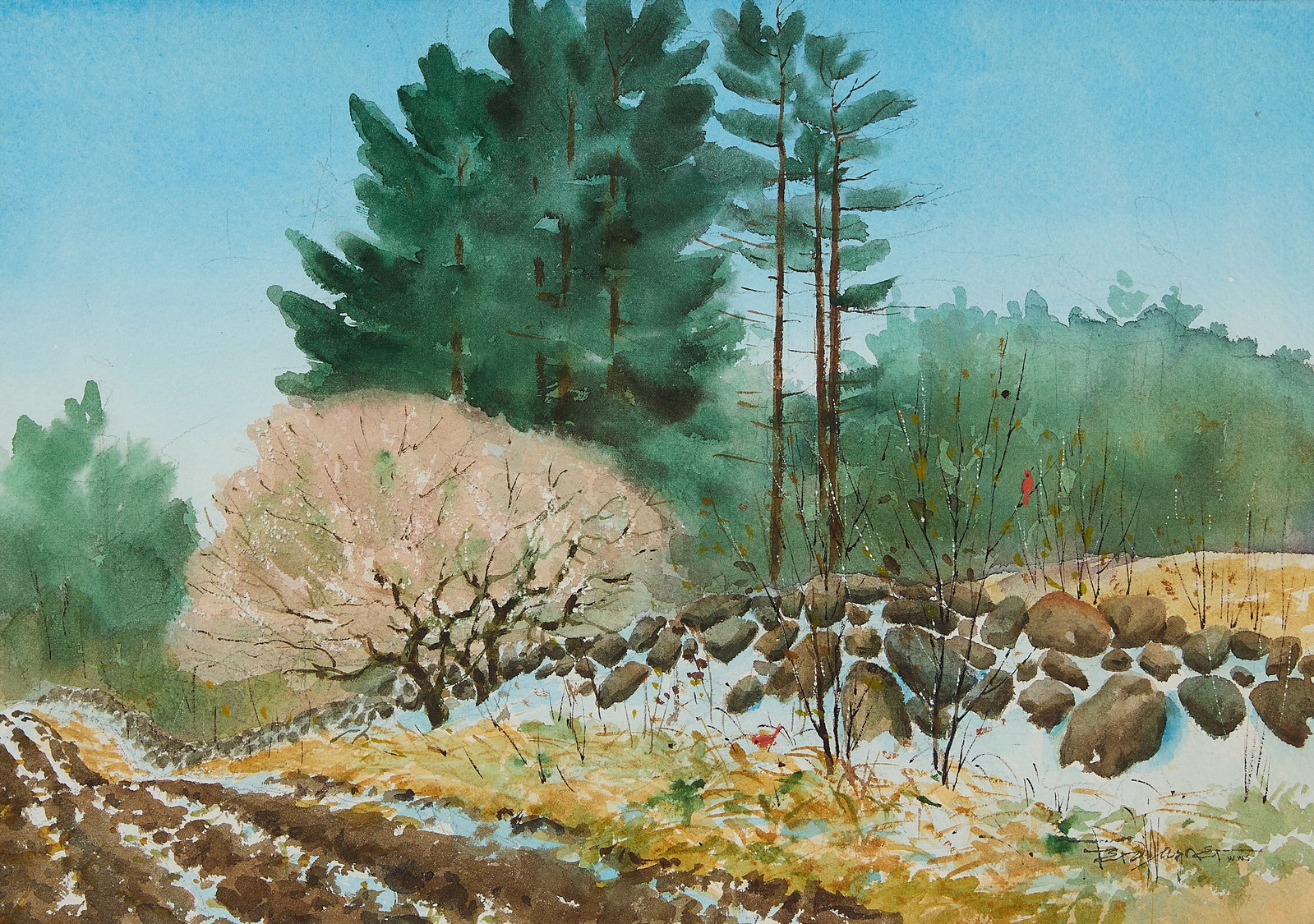 Ferdinand Wagner Landscape Watercolor Painting: Ferdinand "Ferd" Wagner (American, 1894-1982). Watercolor on paper painting depicting a pair of cardinals amongst a thawing winter landscape scene. Signed along the lower right. Provenance: The Distin