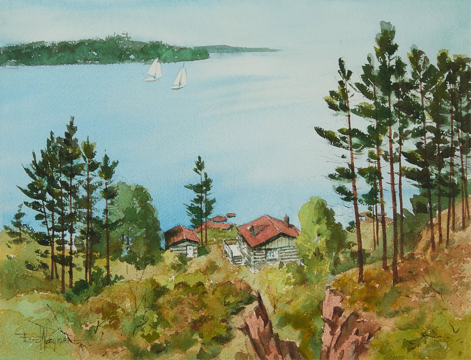Ferdinand Wagner "Through the Willows" Watercolor: Ferdinand "Ferd" Wagner (American, 1894-1982). Watercolor on paper painting titled "Through the Willows," depicting a scenic lake view. Signed along the lower left. Provenance: The Distinguished Colle