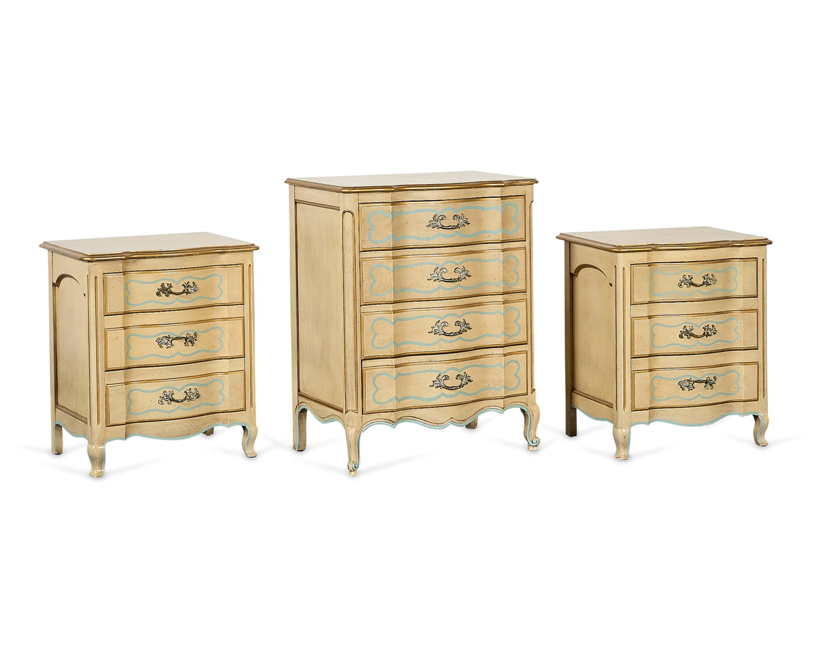 Set 3 Louis XVI Style Painted Chests of Drawers: Set of three Louis XVI style painted chest of drawers including one dresser and a matching pair of nightstands, 20th century. Each painted a soft cream with decorative baby blue lines framing the draw