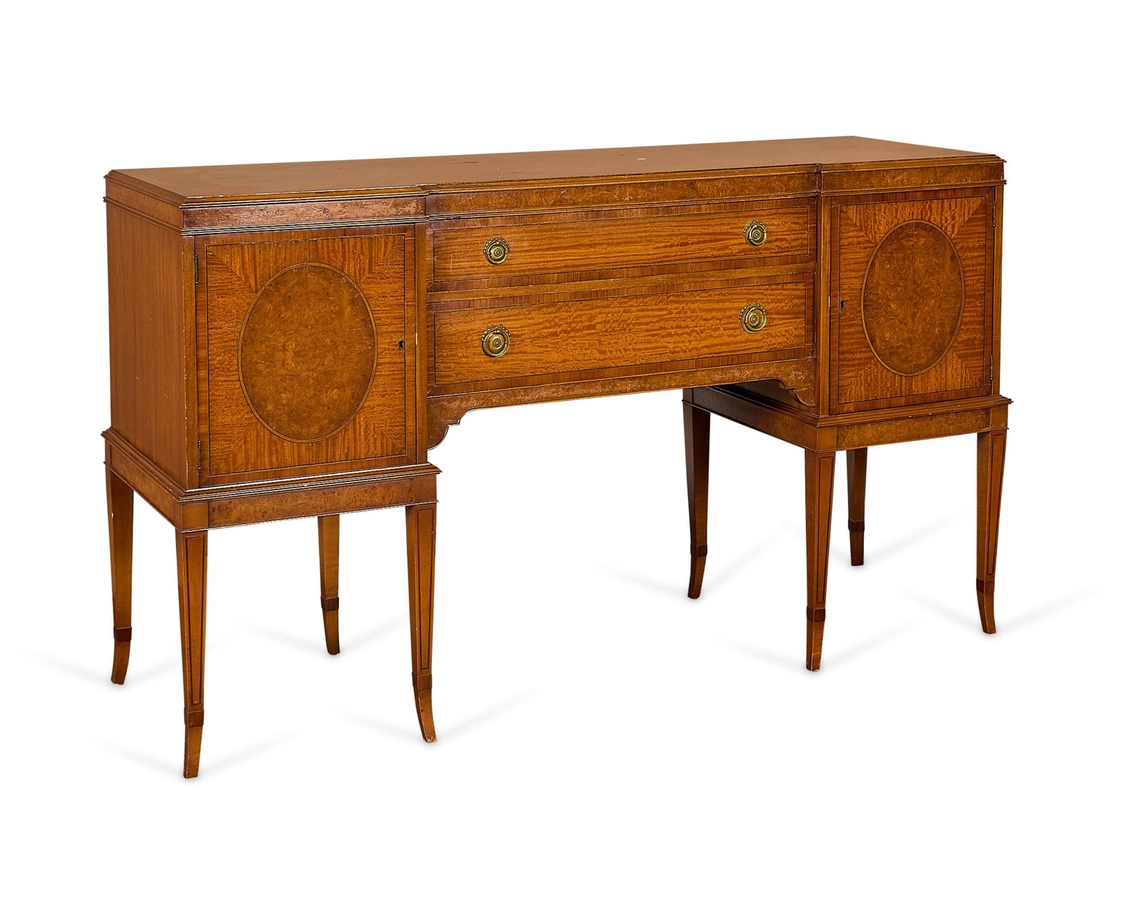 Grand Rapids American Federal Satinwood Sideboard: Grand Rapids Chair Company, United States. American Federal satinwood sideboard, ca. early to mid-20th century. With two drawers flanked by cupboard storage cabinets on each side. Atop a shaped apron 
