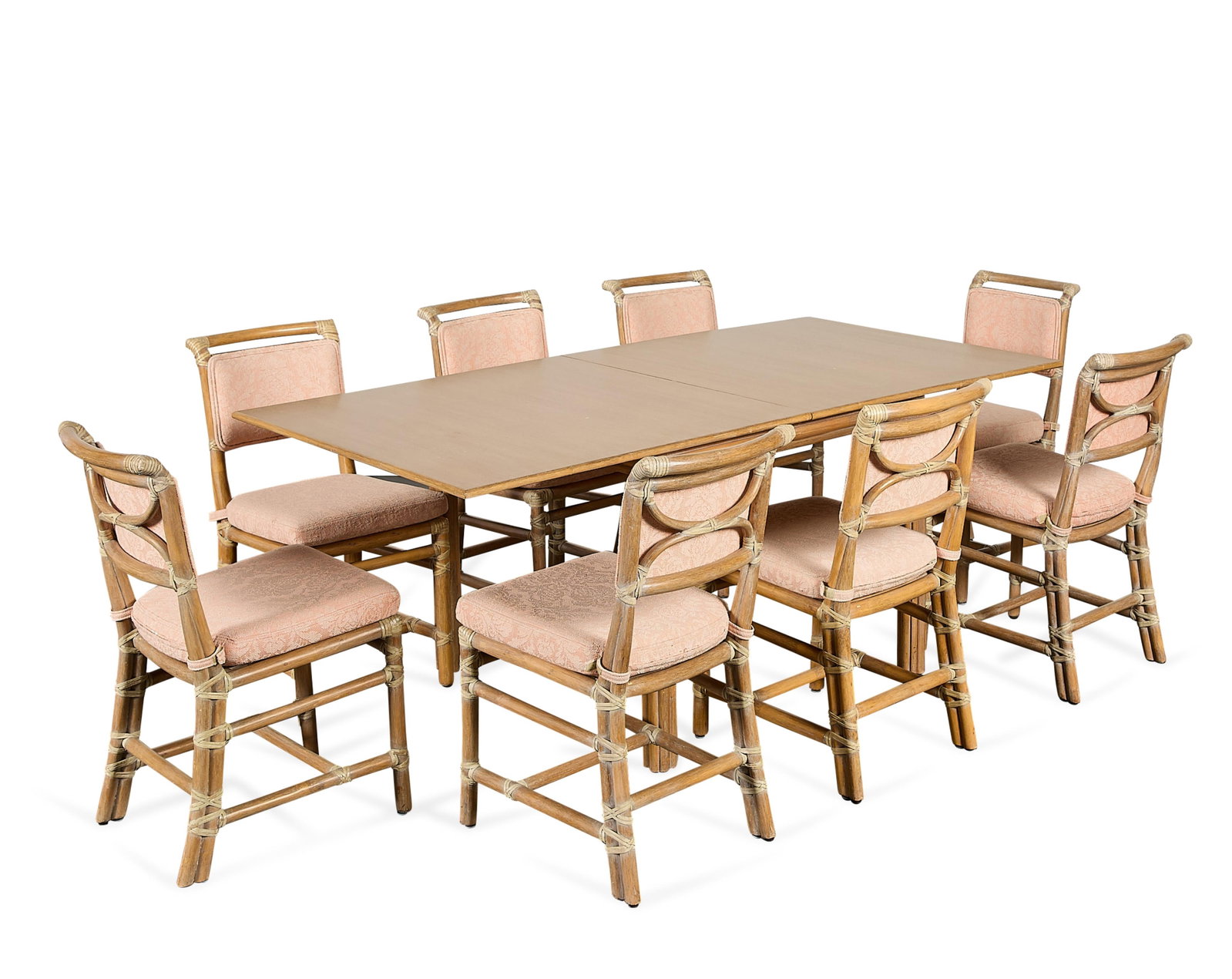 McGuire Furniture Co. Limed Oak Table & 8 Chairs: McGuire Furniture Company, United States. Limed oak fold-over dining room table with eight faux bamboo dining chairs, 20th century. With McGuire plaques along the undersides. Provenance: The Distingui
