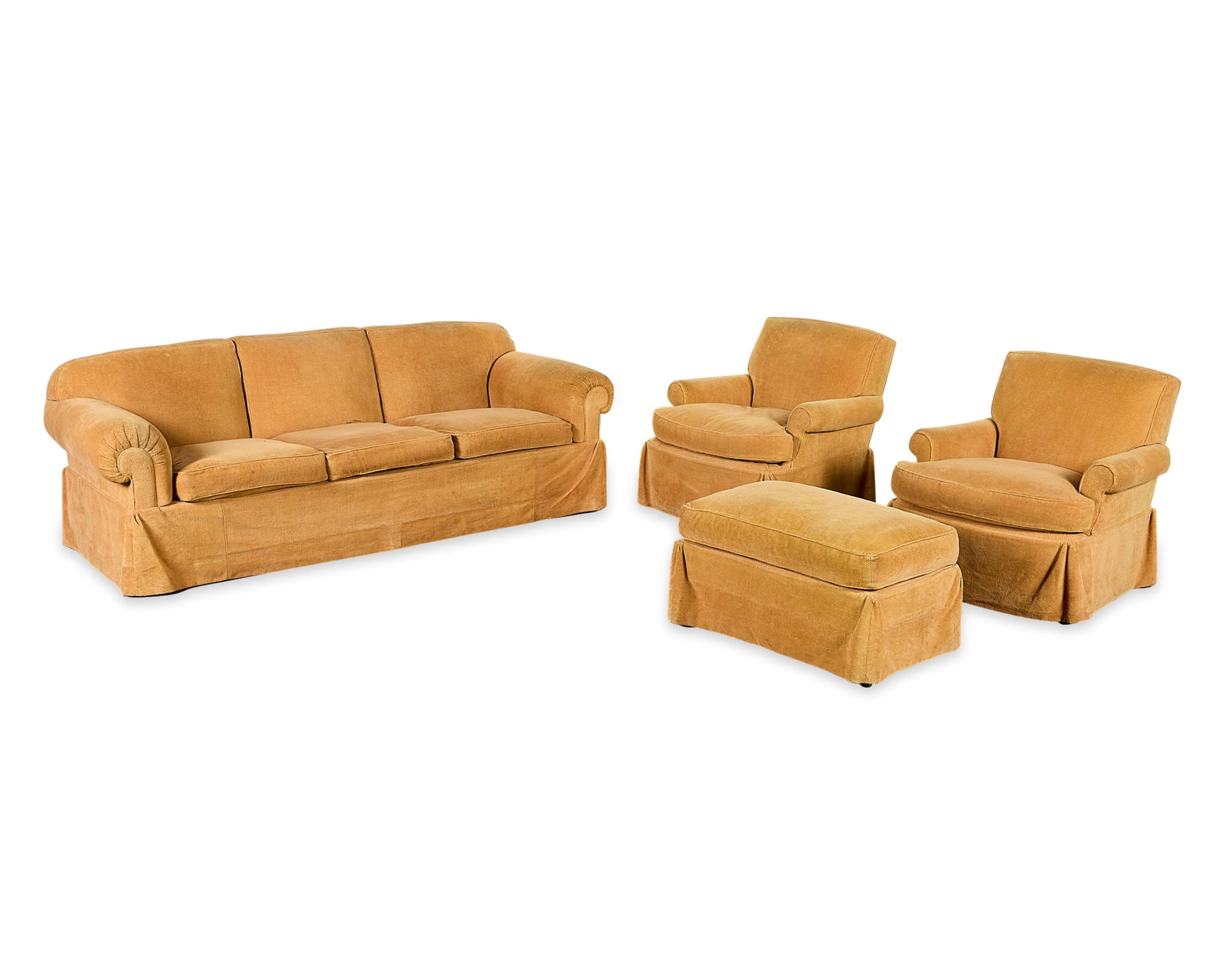 4 Pc Contemporary Twill Upholstered Salon Suite: Four-piece contemporary salon suite with tan or orange twill upholstery, 20th century. Including one three-seat sofa, two armchairs, and one ottoman or stool. Provenance: The Distinguished Collection 