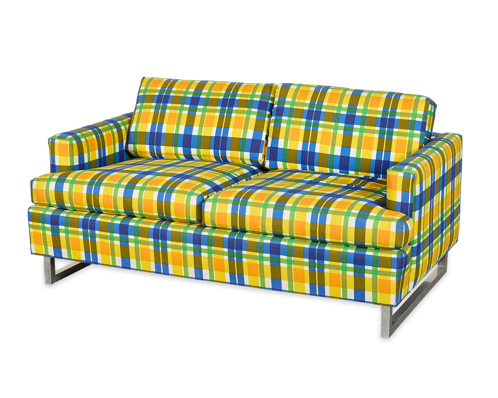 Vintage MCM Blue & Yellow Plaid Upholstered Sofa: Vintage mid-century modern two-seat sofa or couch with vibrant green, blue, and yellow plaid upholstery. Atop chrome legs. Provenance: The Distinguished Collection of Leo & Doris Hodroff. Height: 23 i