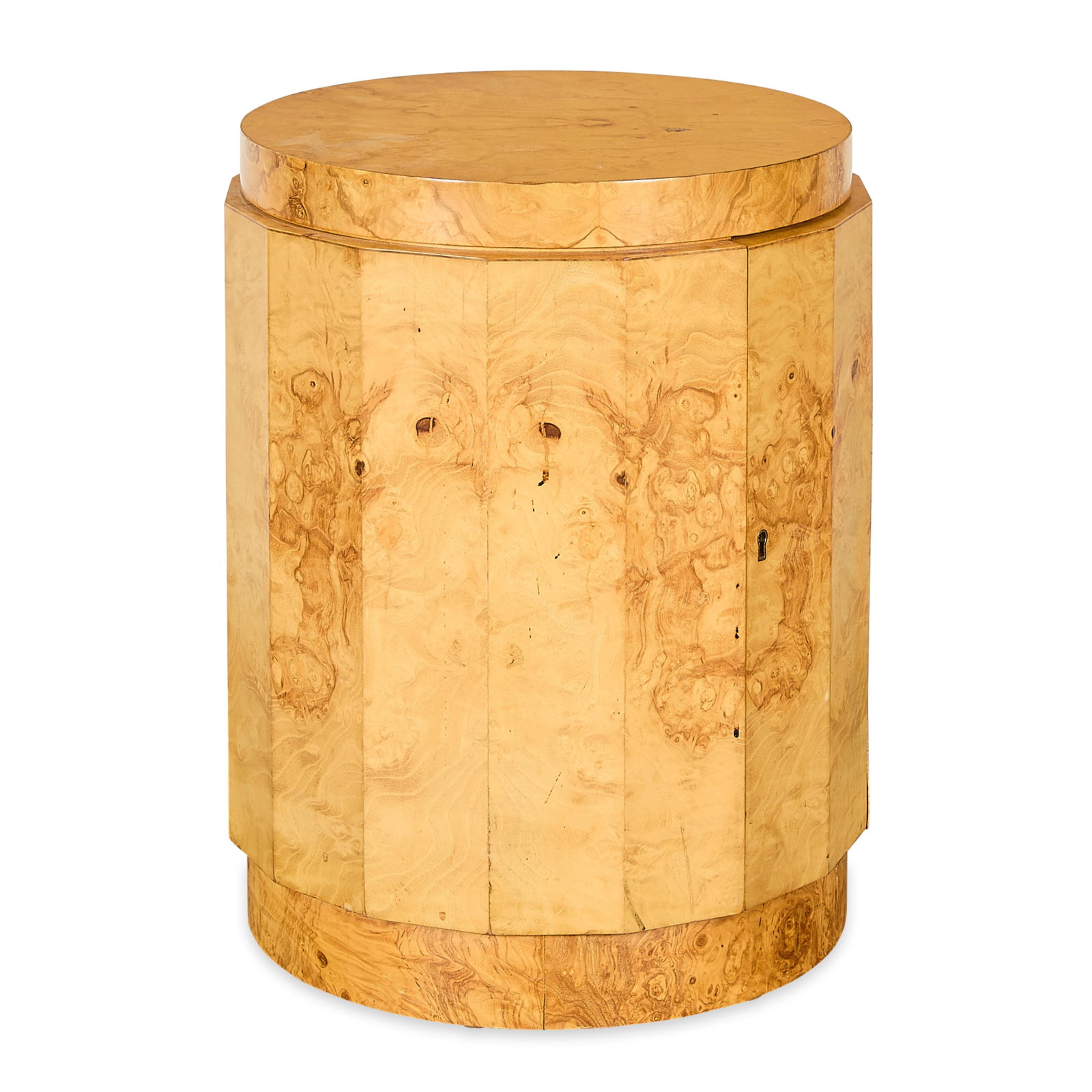 Edward Wormley for Dunbar MCM Olive Wood Cabinet: Edward Wormley (American, 1907-1995) for Dunbar Furniture, United States. Mid-century modern sixteen-sided burled olive wood column pedestal bar cabinet or side table. With a Dunbar plaque along the i