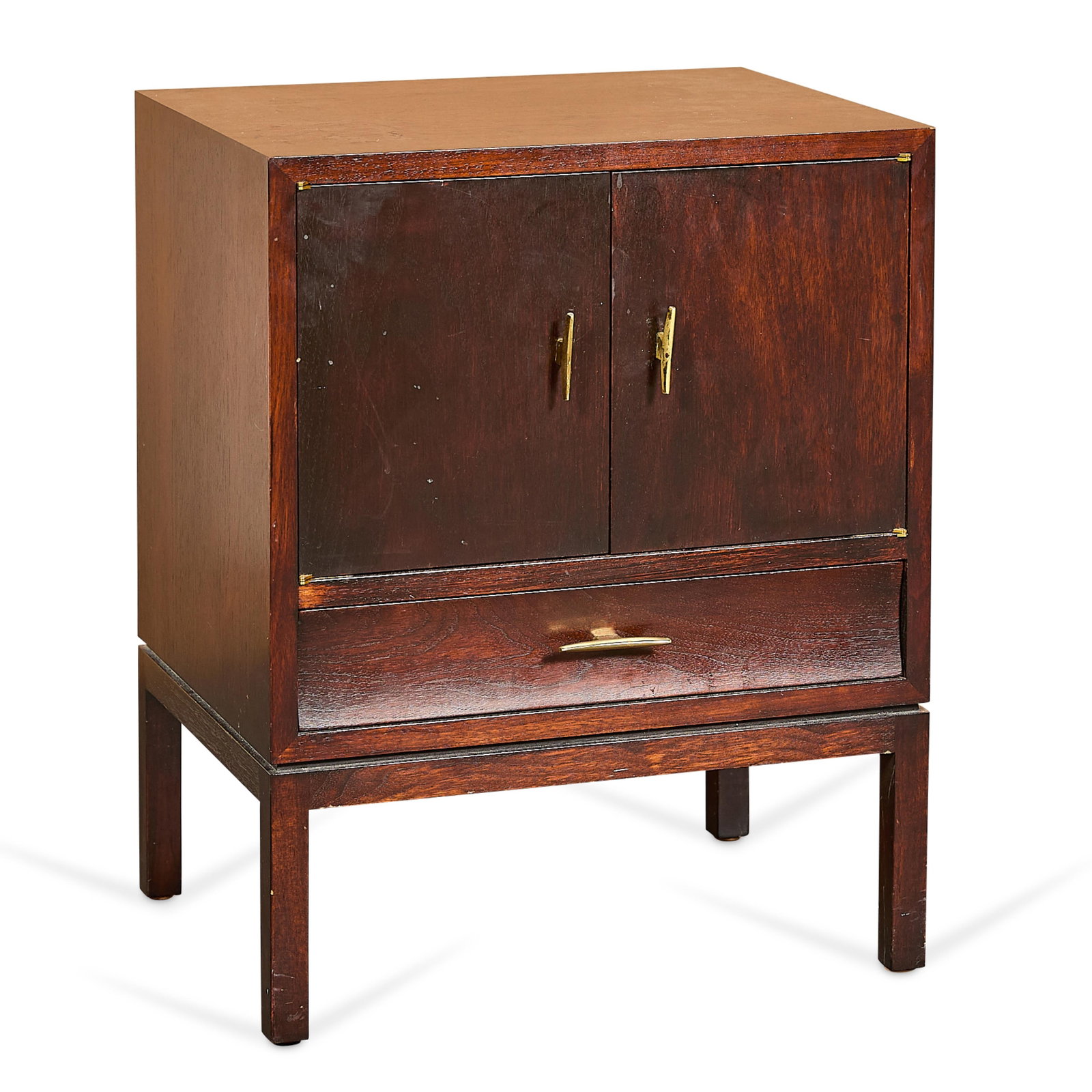 Edward Wormley for Dunbar MCM Wood Night Stand: Edward Wormley (American, 1907-1995) for Dunbar Furniture, United States. Mid-century modern wooden side table, night stand, or cabinet. Height: 25 1/4 in x width: 20 in x depth: 15 in.