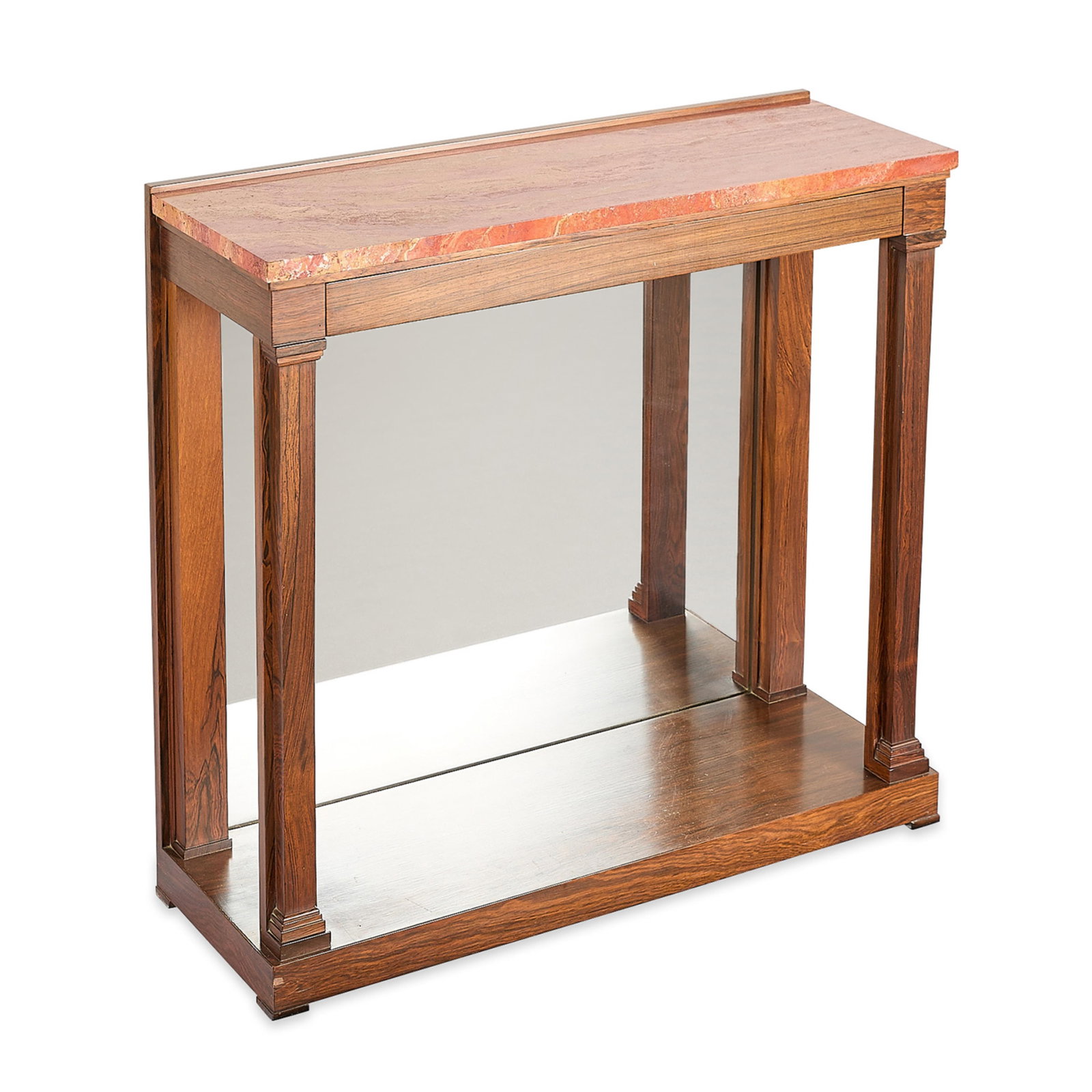 Dunbar Mahogany & Marble Mirrored Console Table: Dunbar Furniture, United States. French Empire-style mahogany occasional or console table, 20th century. With a rectangular, red marble top and mirrored back atop column form supports terminating in a