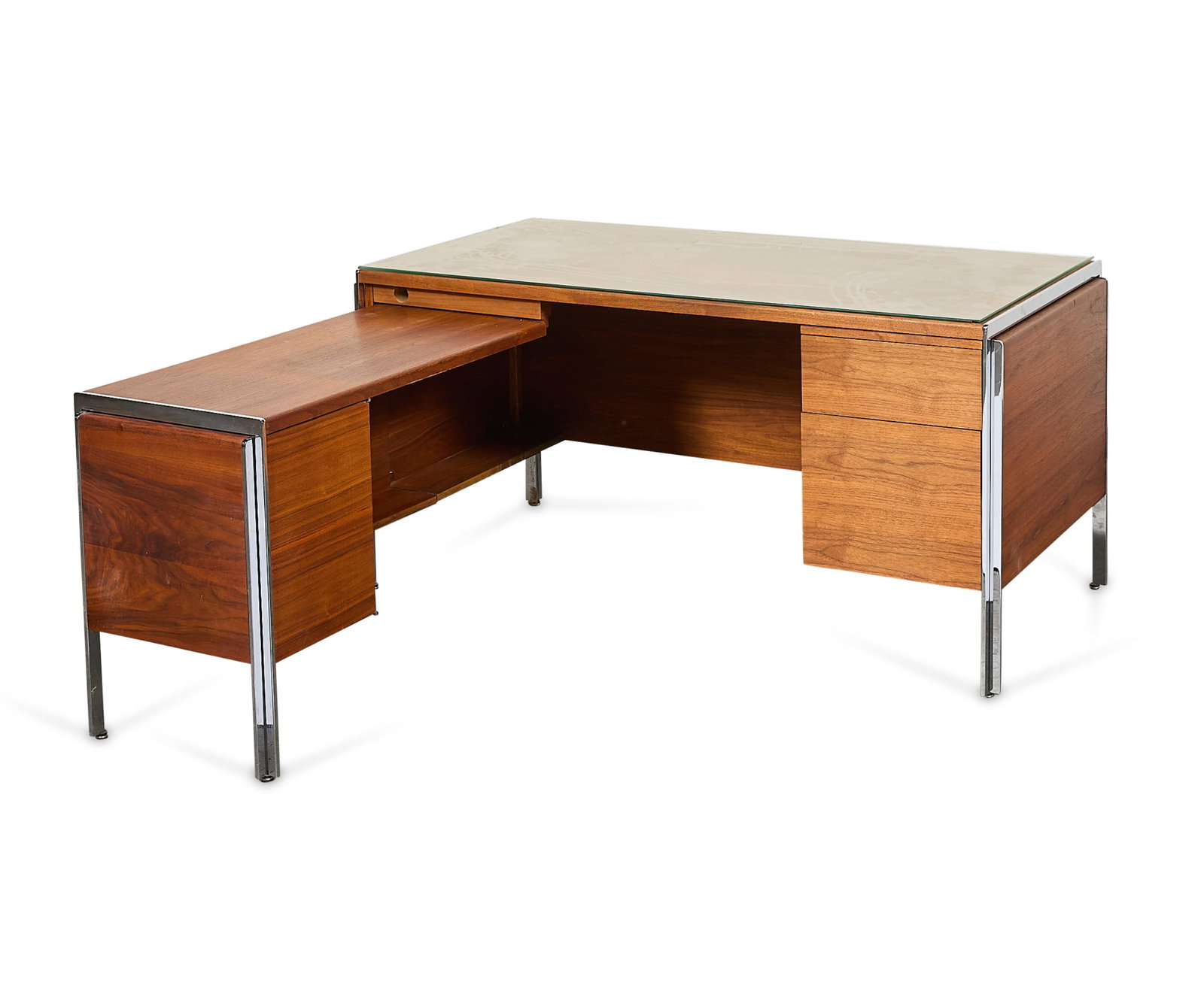 Yermakov for Stow & Davis "Electa" L-Shape Desk: Alexis Yermakov for Stow & Davis, United States. Mid-century modern L-shaped executive or escritoire writing desk from the "Electa Series," 1960s. Featuring two drawers, one storage filing cabinet, sl
