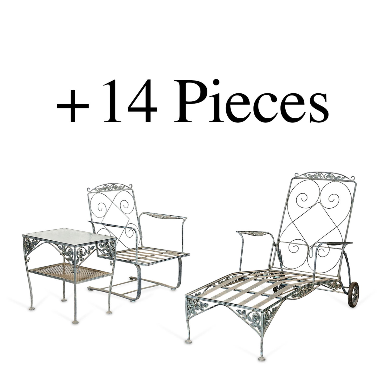 17 Pc Patinated Wrought Iron Outdoor Furniture Set: 17-piece patinated wrought iron outdoor furniture set, 20th century. Decorated with scrolling vines and foliate motifs. Including: one five-seat settee, one serving cart, one circular table, two recta