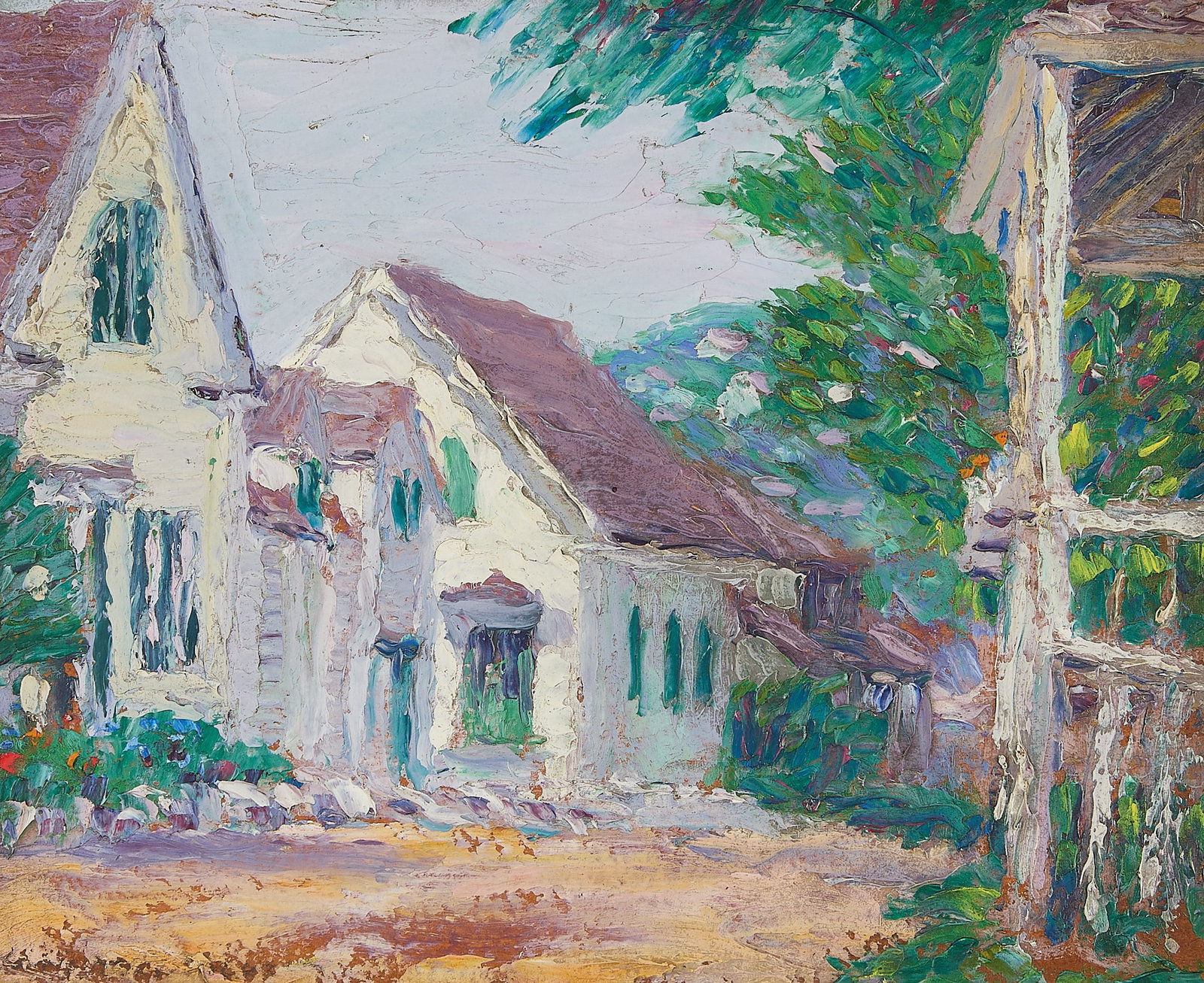 Morris Hall Pancoast "On Rocky Neck" Oil Painting: Morris Hall Pancoast (American, 1877-1963). Oil on board painting titled "On Rocky Neck," 20th century. Depicting an impressionist rural town scene featuring picturesque cottages lined along a quiet d