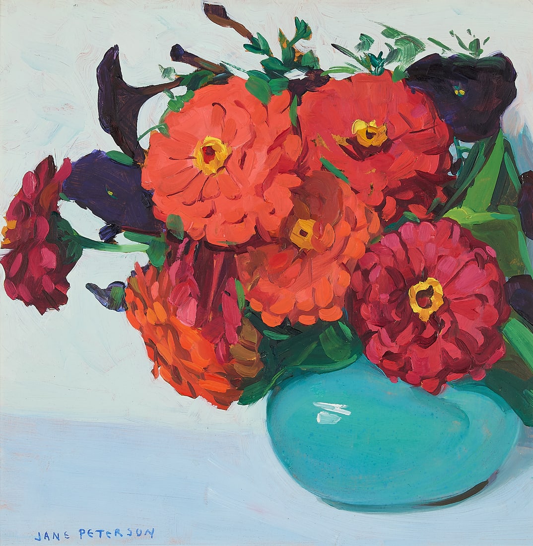 Jane Peterson "Zinnias" Still Life Painting: Jane Peterson (American, 1876-1965). Oil on board impressionist still life painting titled "Zinnias," early 20th century. Depicting a fiery bouquet of red and orange zinnias accompanied by dark purple