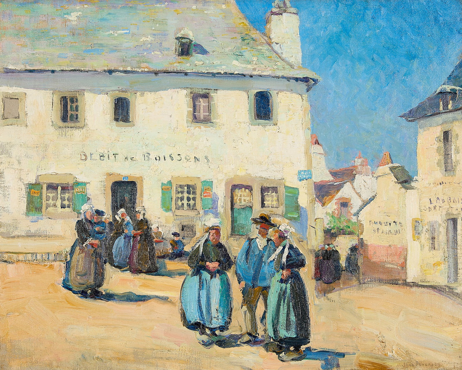 Jane Peterson "Brittany Village" Oil on Canvas: Jane Peterson (American, 1876-1965). Oil on canvas painting titled "Brittany Village", early 20th century. Depicting a sun drenched village scene of Brittany, France, as a crowd of locals wearing trad