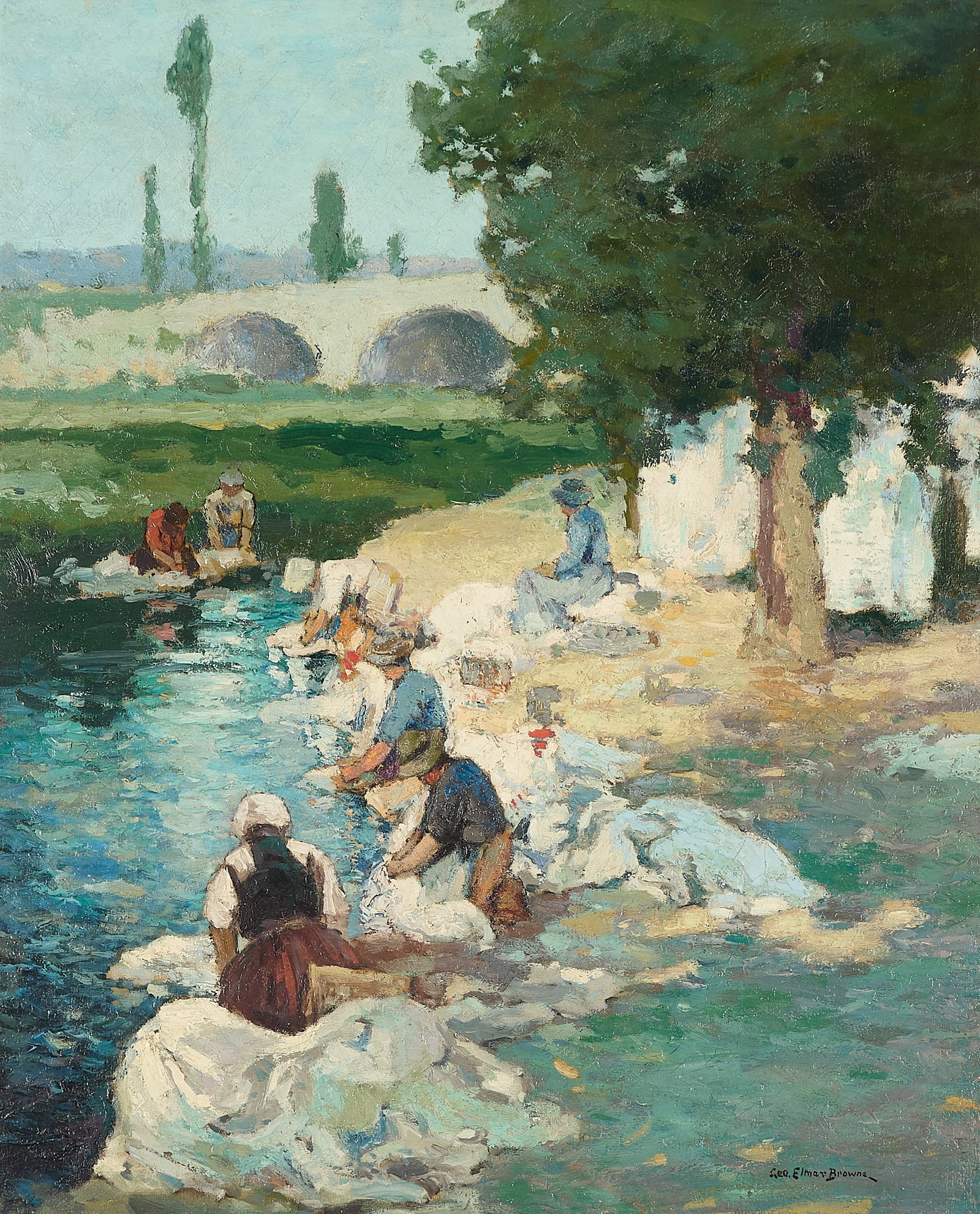 George E. Browne "Scene in Provence" Painting: George Elmer Browne (American, 1871-1946). Oil on canvas impressionist painting titled "Scene in Provence," early 20th century. Depicting a group of men and women gathered along the river's edge washi