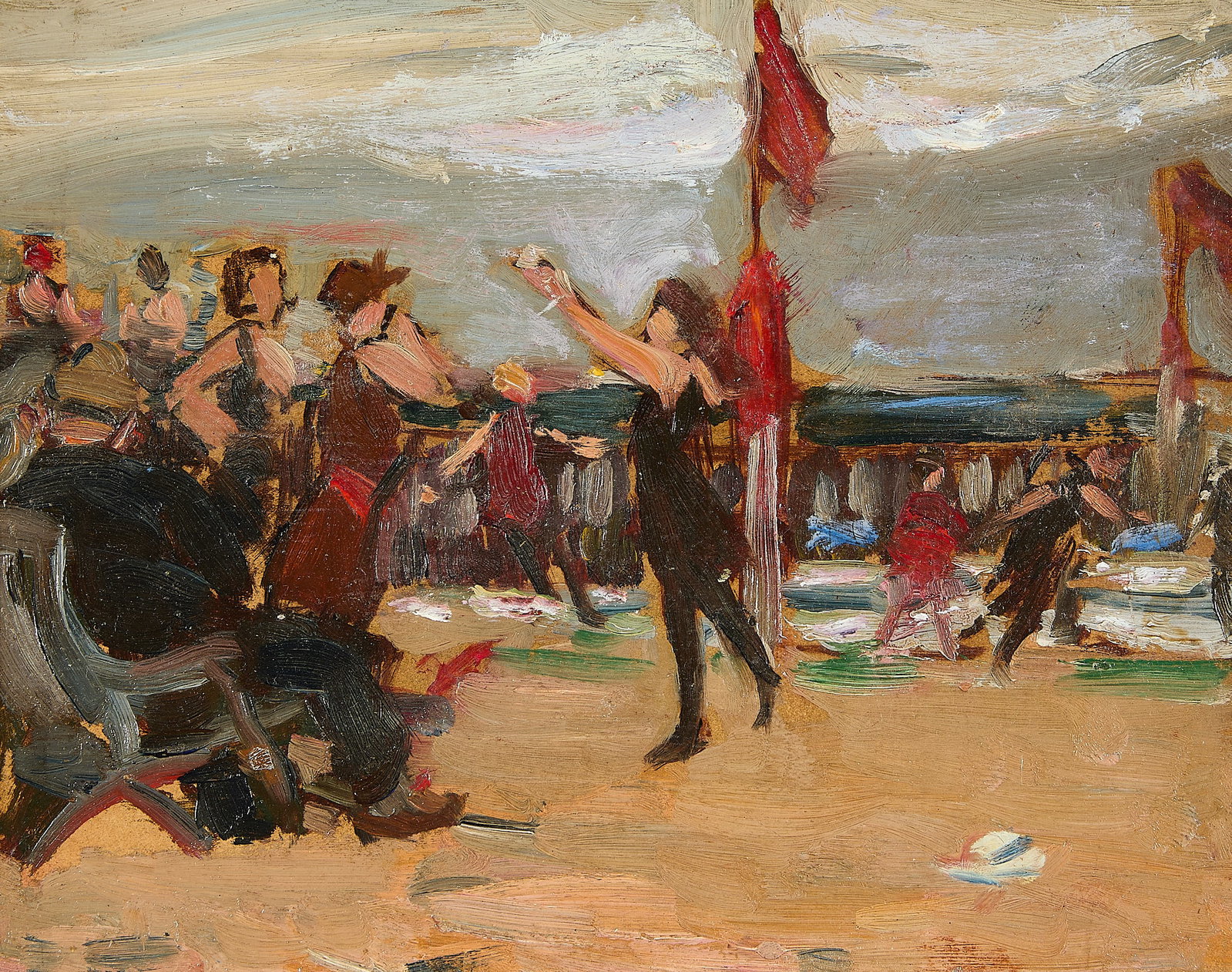 Theresa Bernstein "Beach at Gloucester" Painting: Theresa Ferber Bernstein (American, 1890-2002). Oil on board expressionist painting titled "Beach at Gloucester," circa 1915. Depicting a dynamic group of beachgoers, consistent with Bernstein's lifel