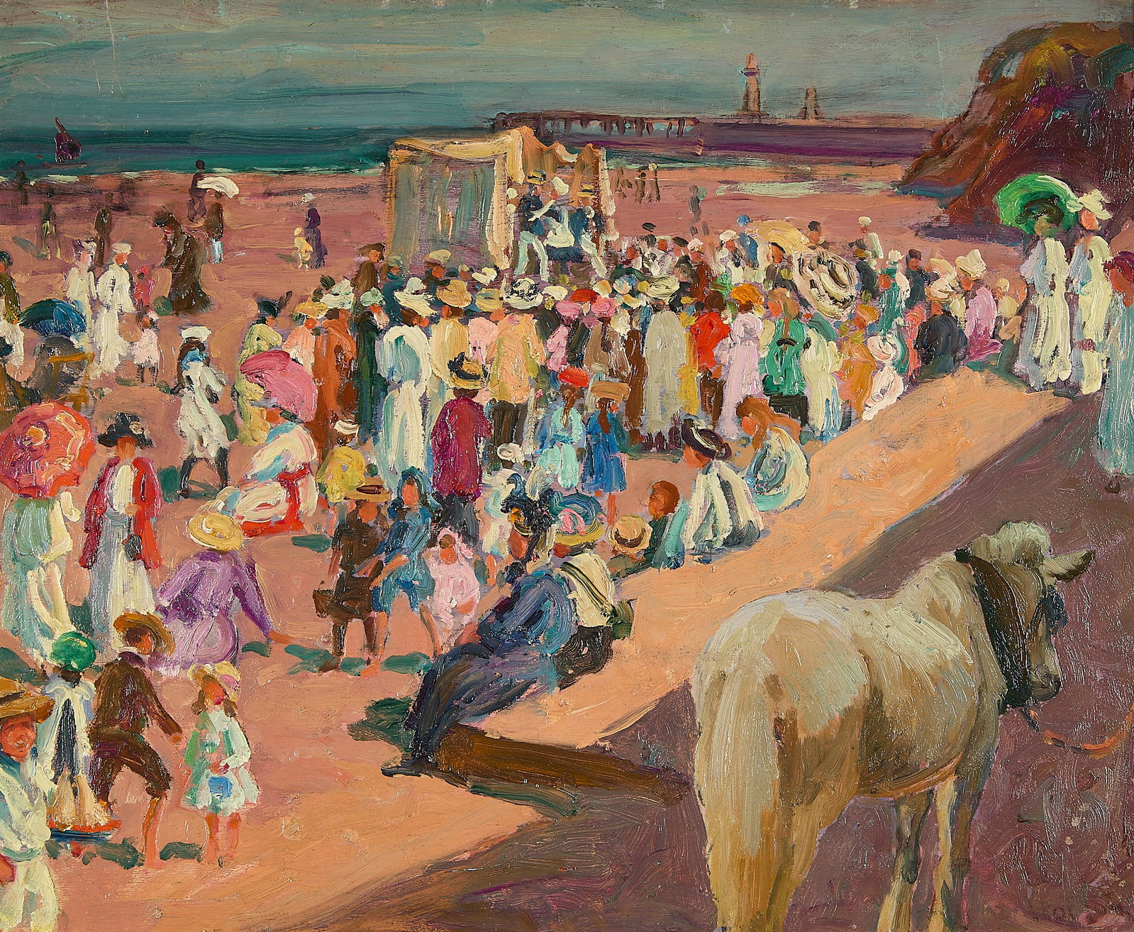 William Horton "Broadstairs Beach" Painting: William Samuel Horton (American, 1865-1936). Oil on board impressionist seascape painting titled "Broadstairs Beach," 1906. Depicting a large, dense gathering of English beachgoers gathered around to 