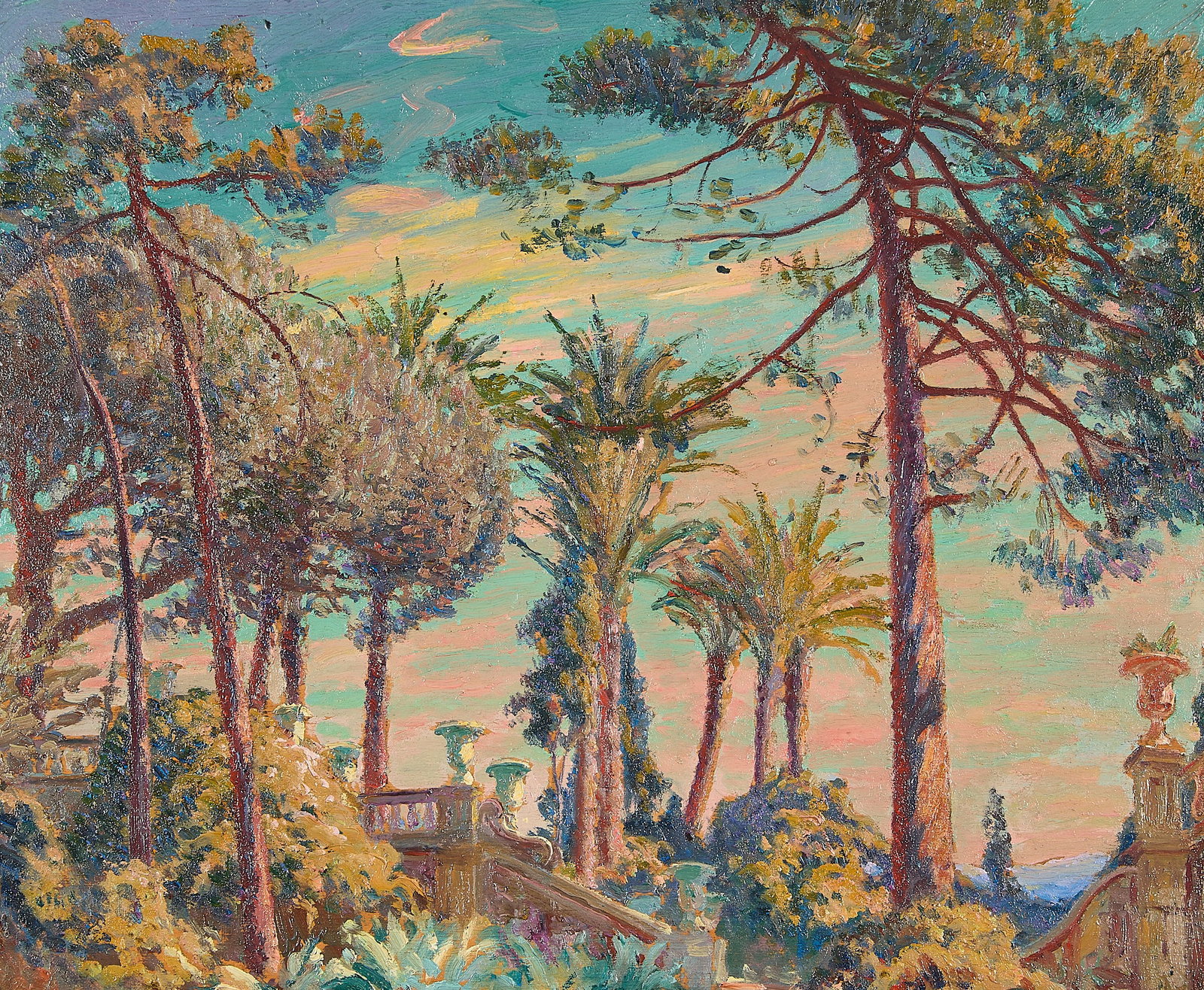 William Horton "Outside Naples" Landscape Painting: William Samuel Horton (American, 1865-1936). Oil on board Mediterranean landscape painting titled "Outside Naples," 1906. Depicting an Italian villa garden scene featuring palm trees, towering pines, 