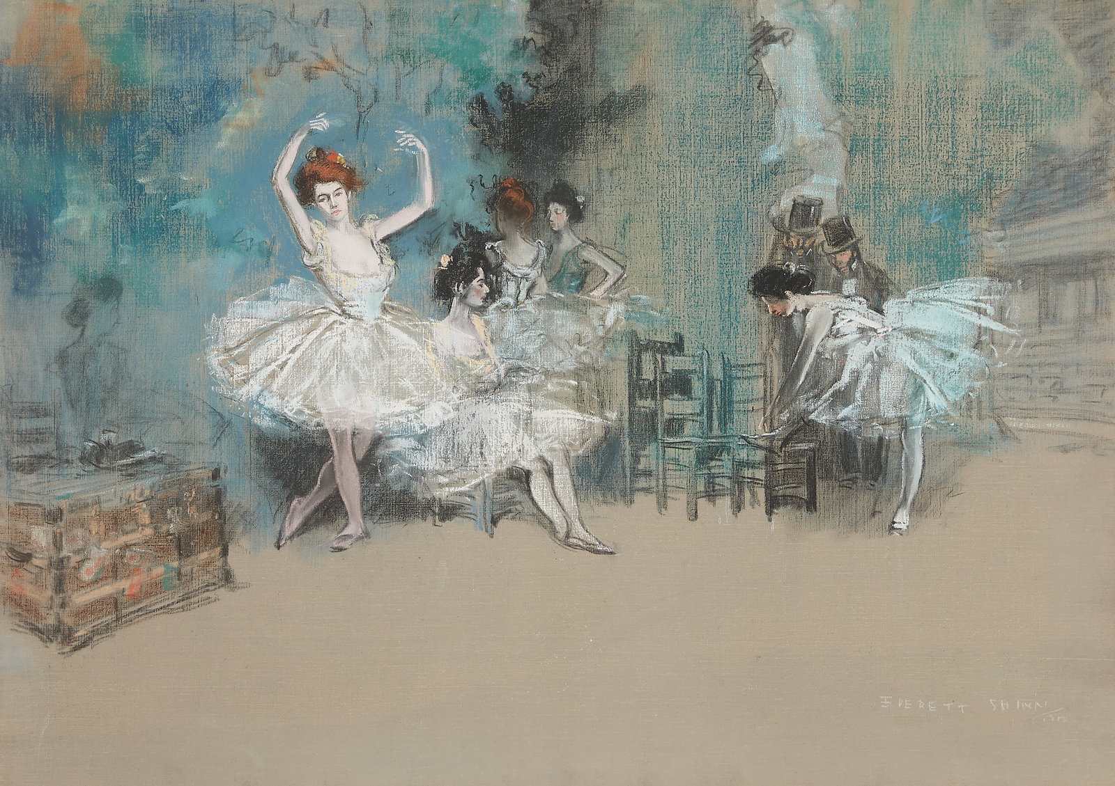 Everett Shinn "Ballet Dancers" Pastel 1911: Everett Shinn (American, 1876-1953). Pastel and charcoal on canvas drawing titled "Ballet Dancers," 1911. Depicting a candid, behind-the-scenes theatrical moment of five female ballet dancers practici