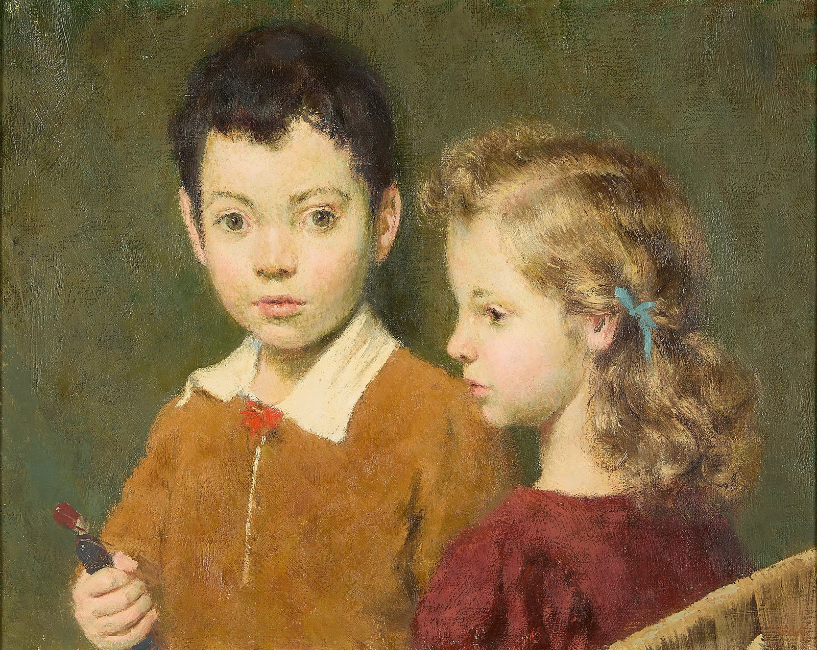 John Koch "Mary and Michael" Portrait Painting: John Koch (American, 1909-1978). Oil on canvas portrait painting titled "Mary and Michael," 20th century. Depicting a portrait of two young children, a boy and a girl, against a dark green background.