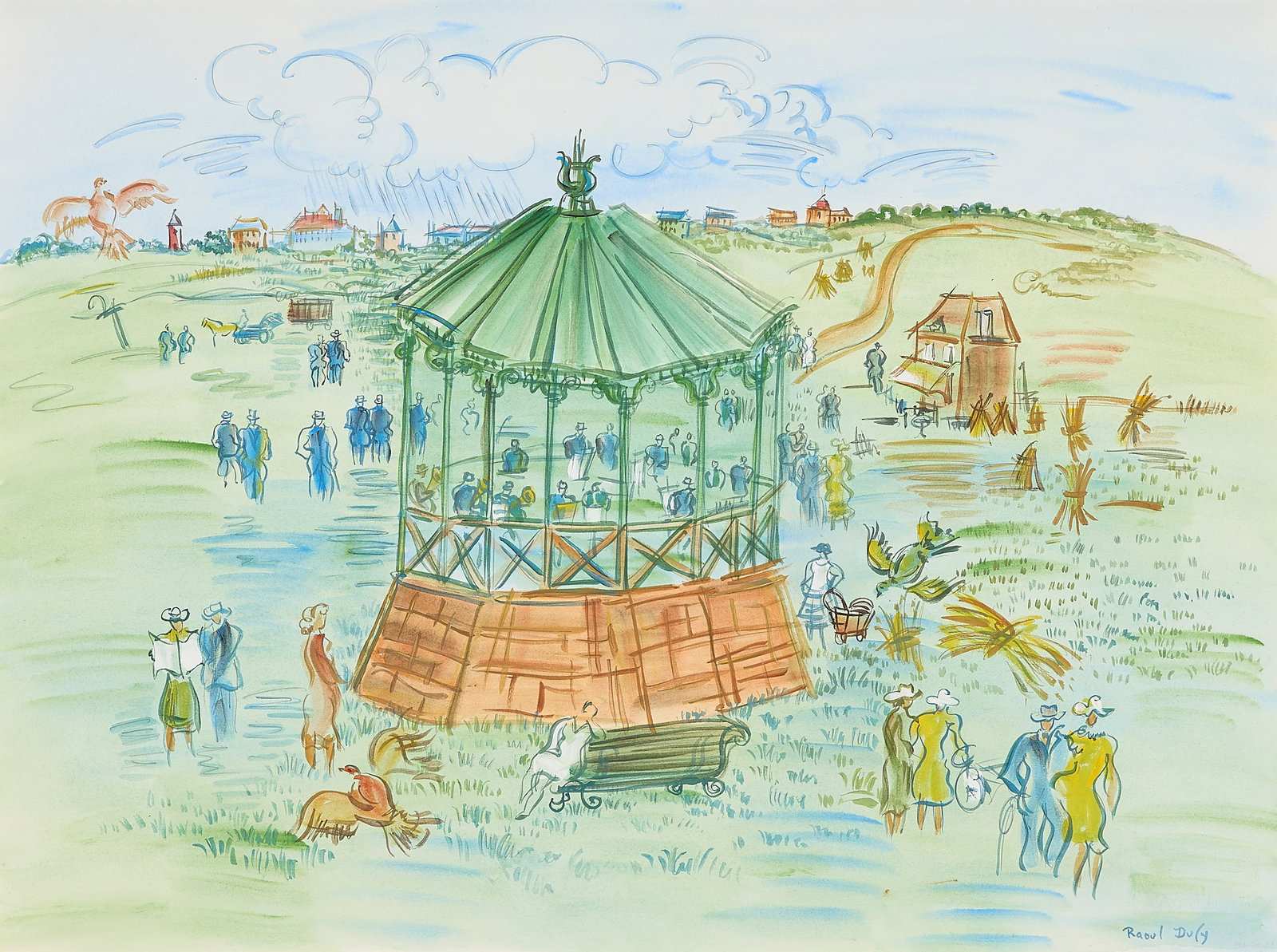 Elmyr de Hory "Le Beau Dimanche" Aft. Dufy Gouache: Elmyr de Hory (Hungarian, 1906-1976). Gouache painting on Arches paper titled "Le Beau Dimanche," 20th century. Depicting an orchestra band playing music inside a park gazebo as figures stroll along t