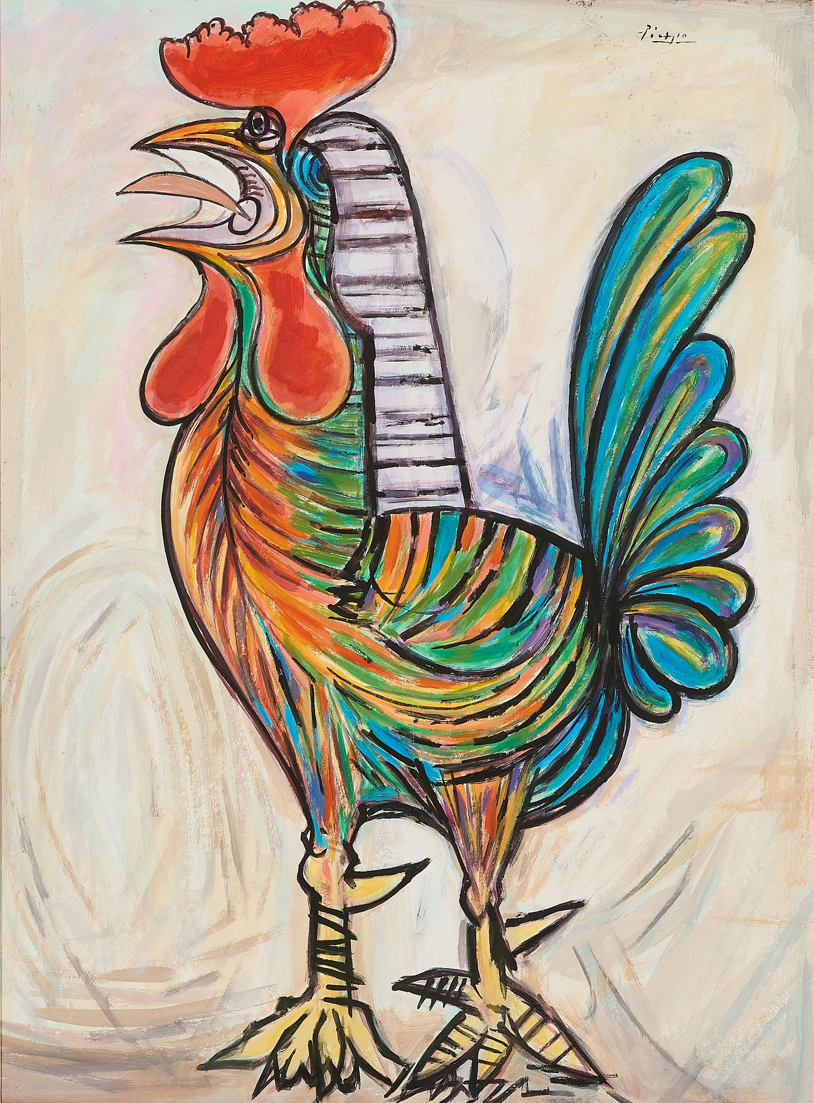 Elmyr de Hory "The Rooster" Aft. Picasso Painting: Elmyr de Hory (Hungarian, 1906-1976). Gouache on paper painting titled "The Rooster," 20th century. Depicting a cubist-inspired rooster in vibrant greens, blues, oranges, and yellows against a grey gr