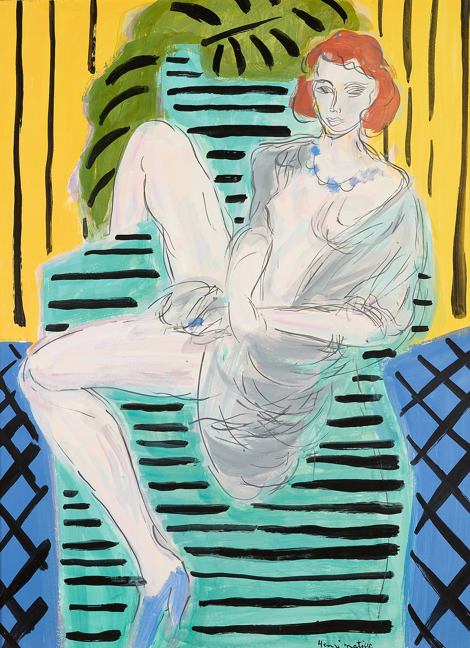 de Hory "Woman in Armchair" Aft. Matisse Gouache: Elmyr de Hory (Hungarian, 1906-1976). Gouache on paper mounted on board painting titled "Woman in an Armchair," 20th century. Depicting a partially nude female figure seated on a striped turquoise