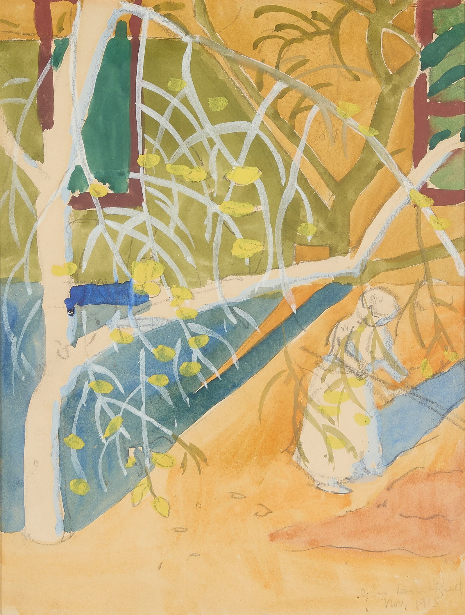 Charles E. Burchfield "Woman in a Garden" Painting: Charles Ephraim Burchfield (American, 1893-1967). Watercolor and gouache on paper expressionist painting titled "Woman in a Garden," 1915. Depicting a woman tending to her garden, her figure anchors
