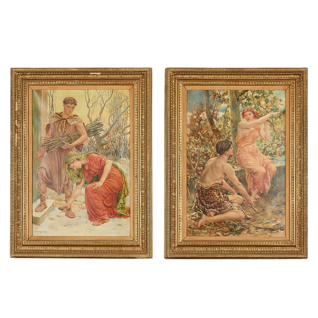Pair Will Hicok Low "Autumn" & "Winter" Paintings: Will Hicok Low (American, 1853-1932). Pair of oil on canvas paintings titled "Allegory of Autumn" and "Allegory of Winter," 1898. "Autumn" depicting a man in a leopard-print garment alongside a woman 