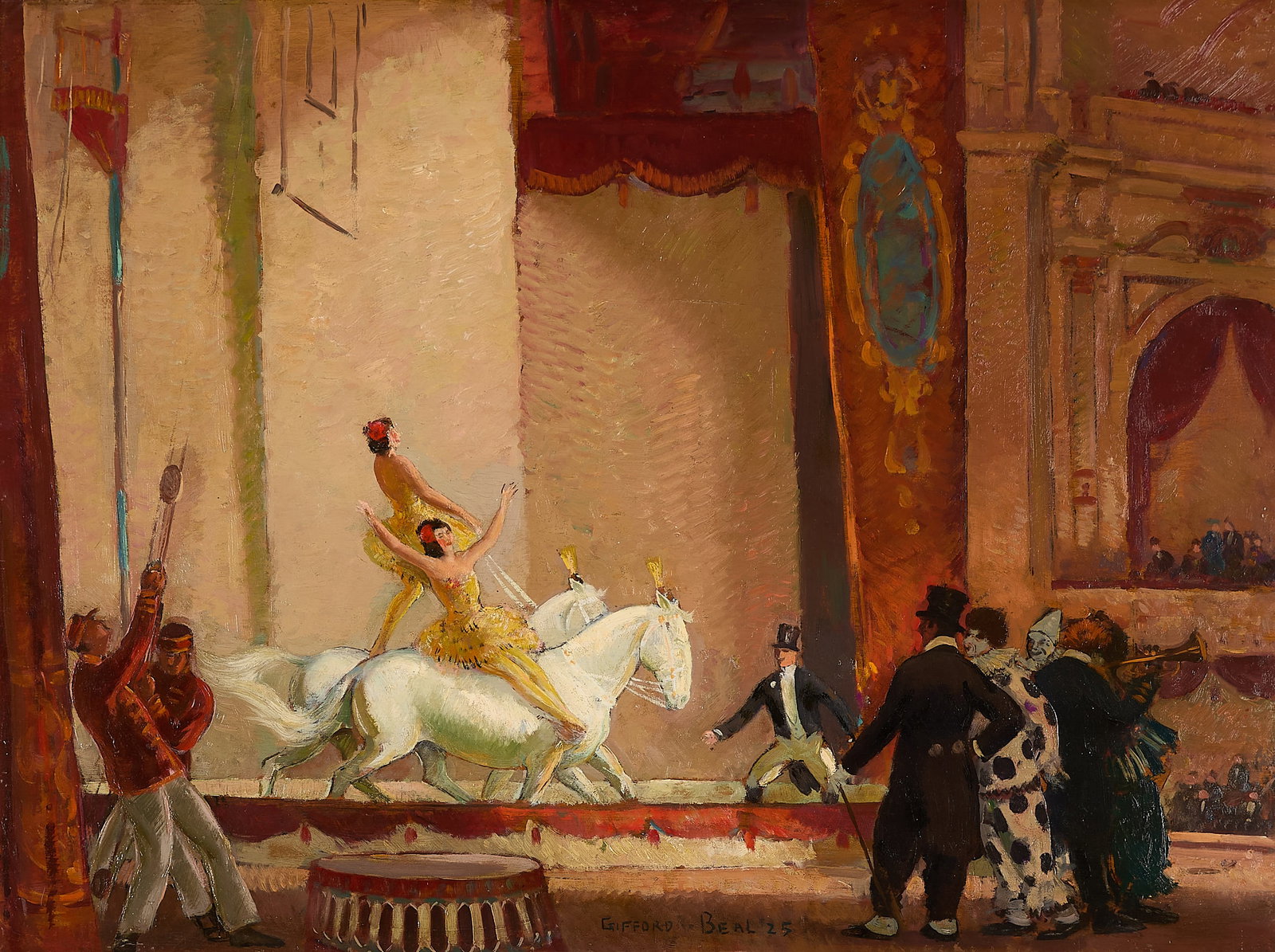 Gifford Beal "Circus at the Hippodrome" Painting: Gifford Beal (American, 1879-1956). Oil on board double-sided painting, verso depicting a winter landscape featuring a crowd of figures against a snowy hillside and New York skyline along the backgrou