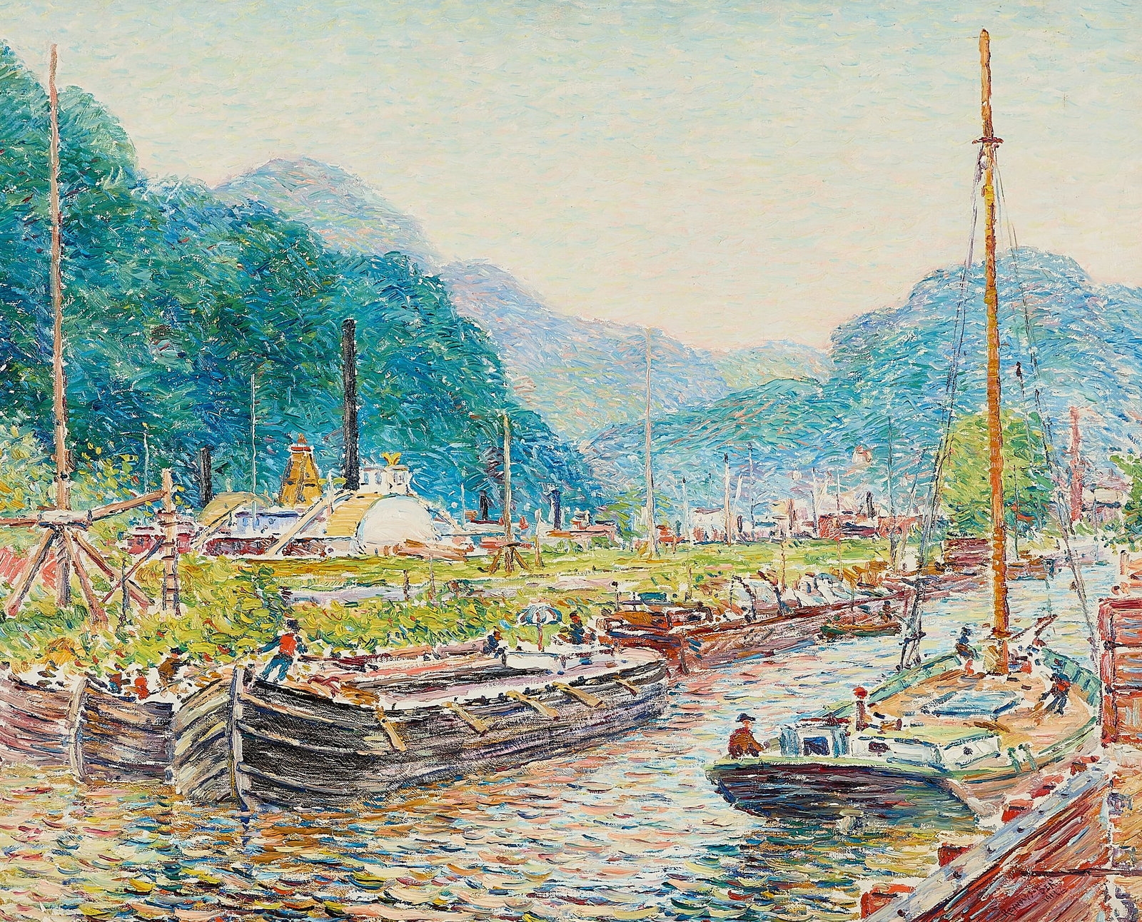 Reynolds Beal "South Roundabout New York" Painting: Reynolds Beal (American, 1866-1951). Oil on canvas impressionist maritime painting titled "South Roundabout, New York," 1914. Depicting a bustling, active river waterway in New York nestled beneath pr