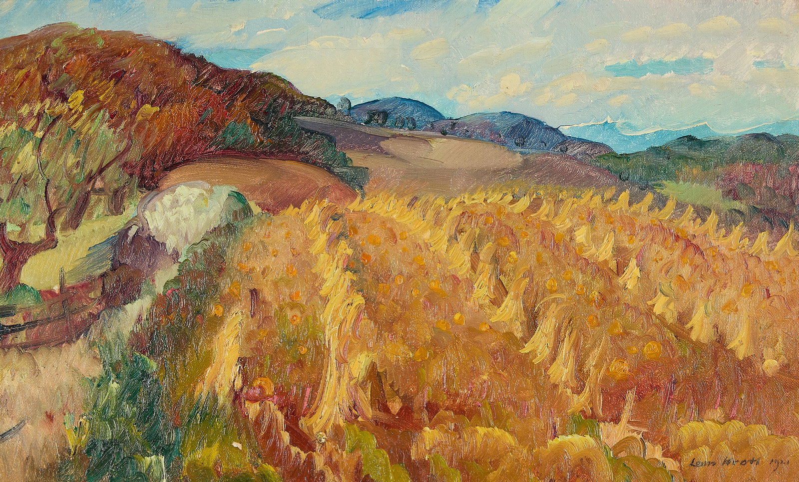 Abraham Leon Kroll "October" Painting 1921: Abraham Leon Kroll (American, 1884-1974). Oil on canvas landscape painting titled "October," 1921. Featuring a vibrant autumnal field of golden, yellow grain and orange pumpkins arranged in repeating