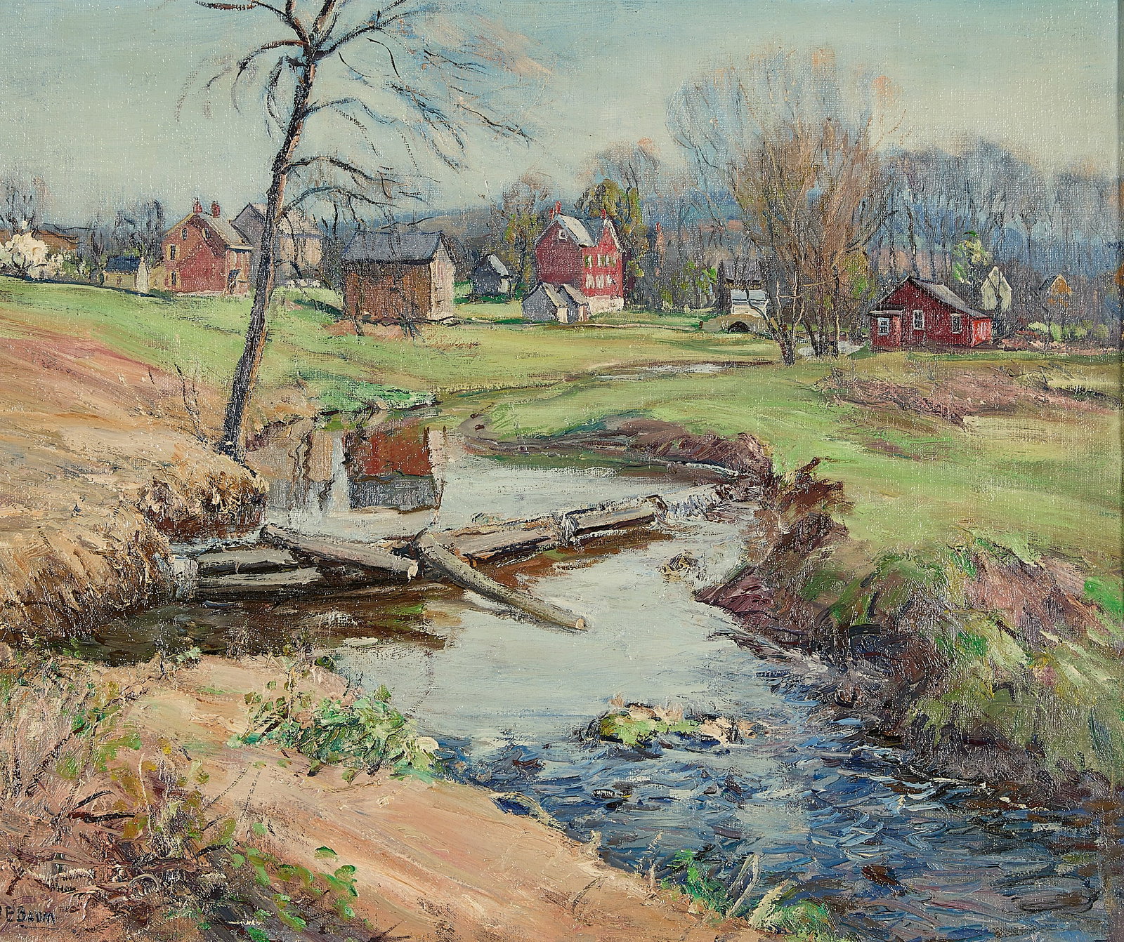 Walter Emerson Baum "Saucon" Painting: Walter Emerson Baum (American, 1884-1956). Oil on canvas impressionist townscape painting titled "Saucon," early 20th century. Depicting the rural town of Saucon in Pennsylvania during early spring.