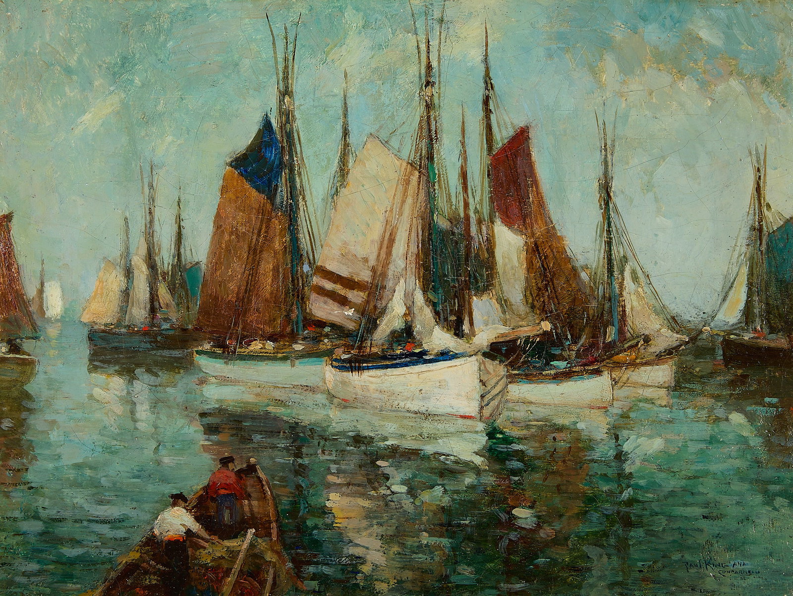 Paul King "Fishing Boats at Concarneau" Painting: Paul Bernard King (American, 1867-1947). Oil on canvas laid board painting titled "Fishing Boats at Concarneau," late 19th or early 20th century. Depicting a harbor scene with a group of sail boats on