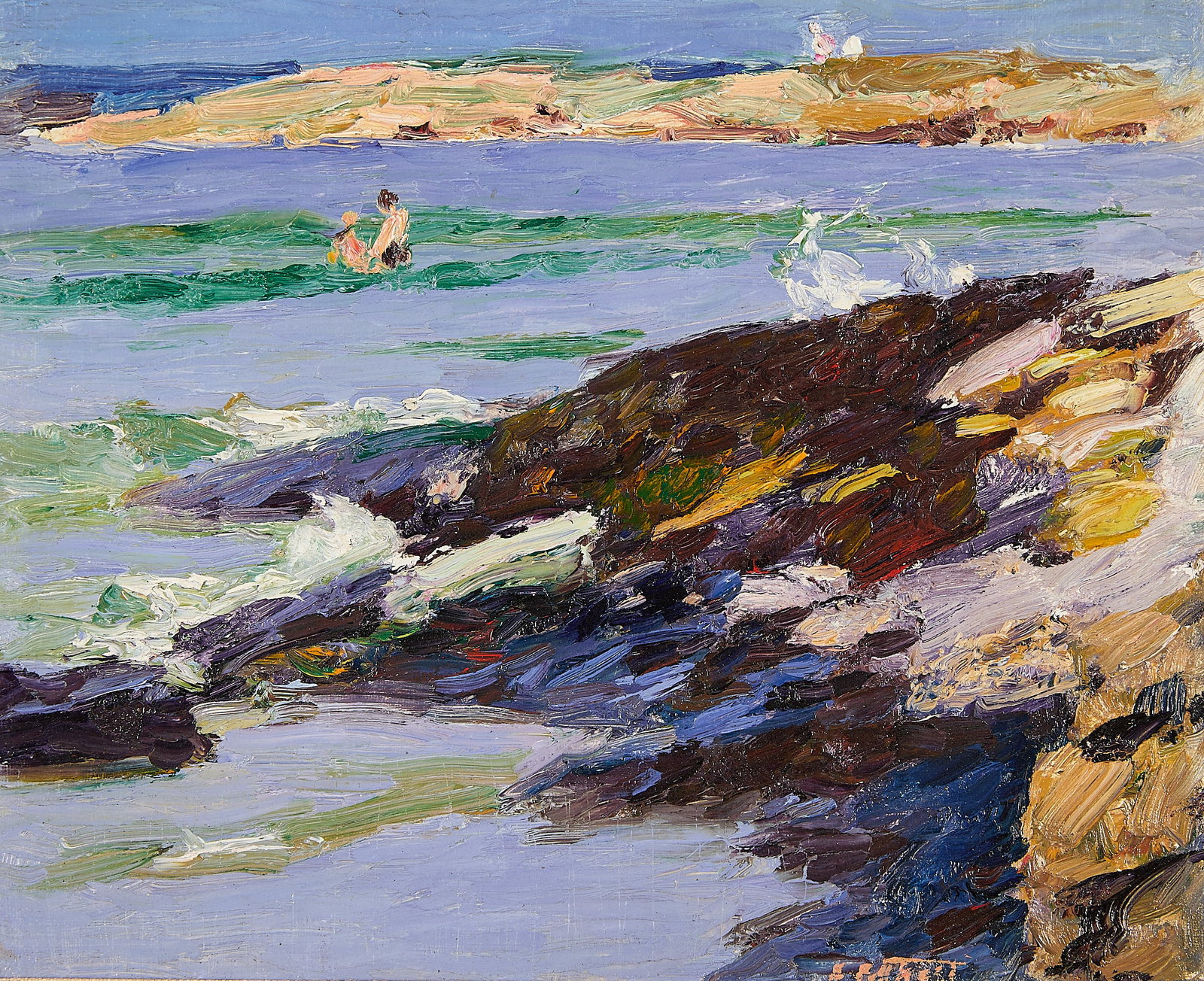 Edward Henry Potthast "Rocks at Low Tide" Painting: Edward Henry Potthast (American, 1857-1927). Oil on board impressionist seascape painting titled "Rocks at Low Tide," circa 1920. Depicting a vibrant, Atlantic coast shoreline as two figures wade thro