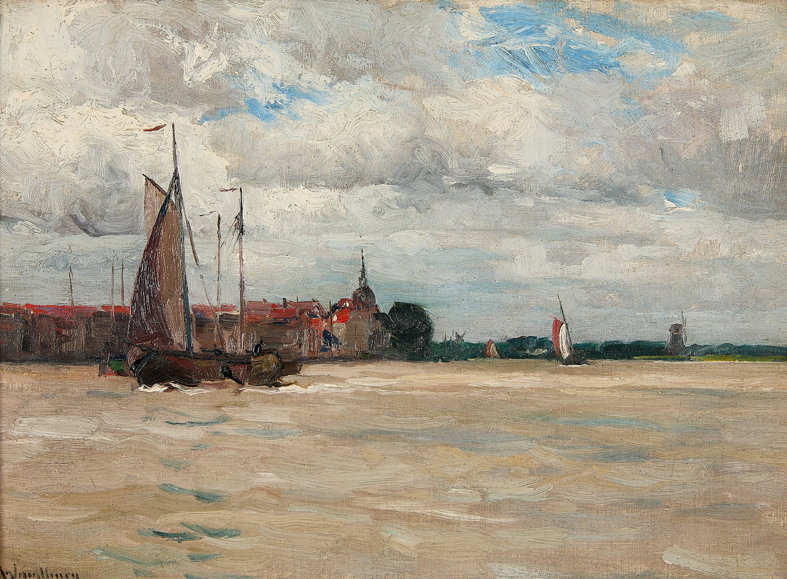 Charles Woodbury Seascape Oil on Canvas Painting: Charles Woodbury (American, 1864-1940). Oil on canvas laid board maritime painting, late 19th or early 20th century. Depicting a seascape as a sailboat begins to near the harbor for docking. Featuring