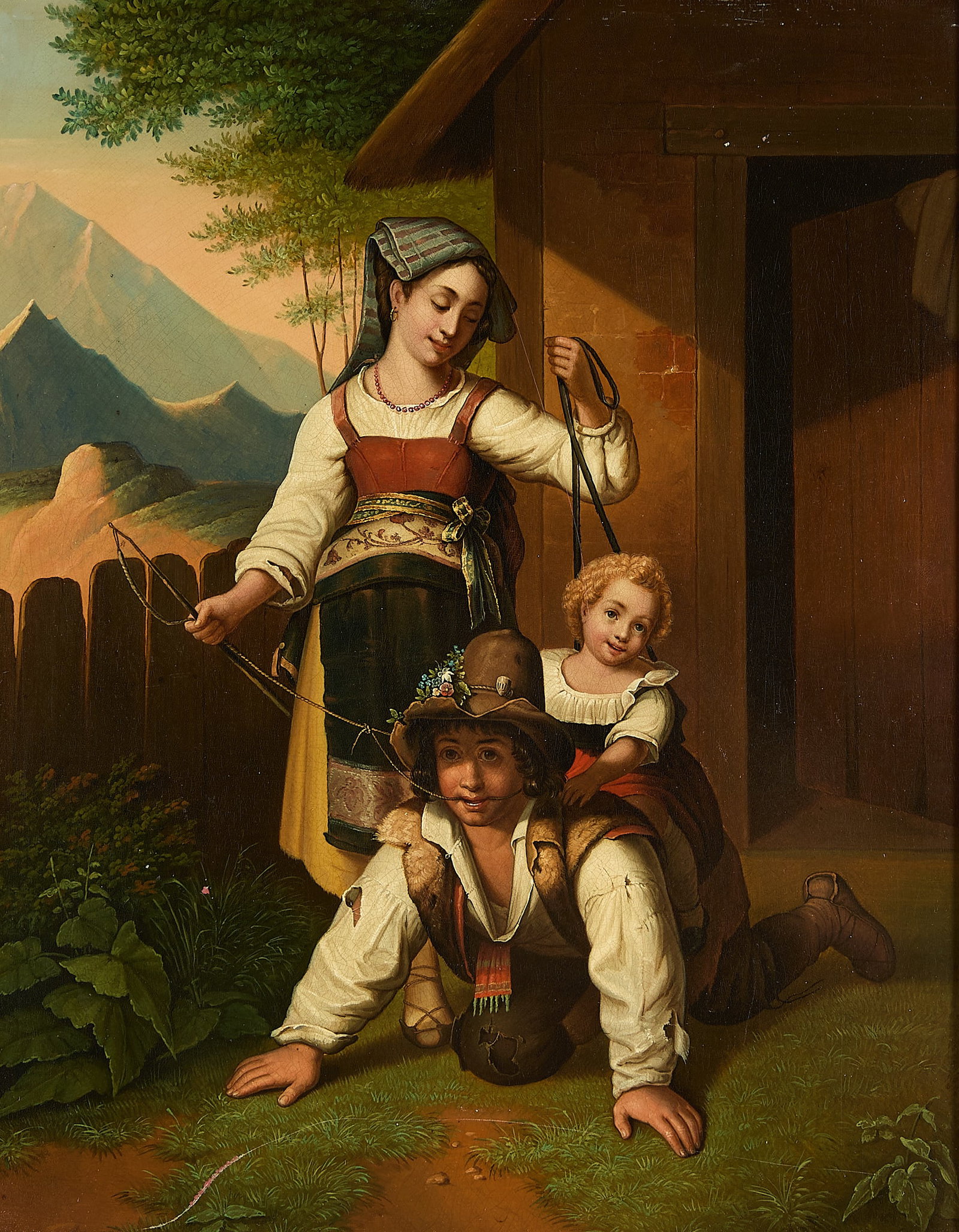 Aft. Kirner German School Oil Painting ca. 1880: German School oil on copper painting, circa 1880; after the painting titled "Children at Play" (1838) by Johann Baptist Kirner (German, 1806-1866). Depicting three children playing horseback with a