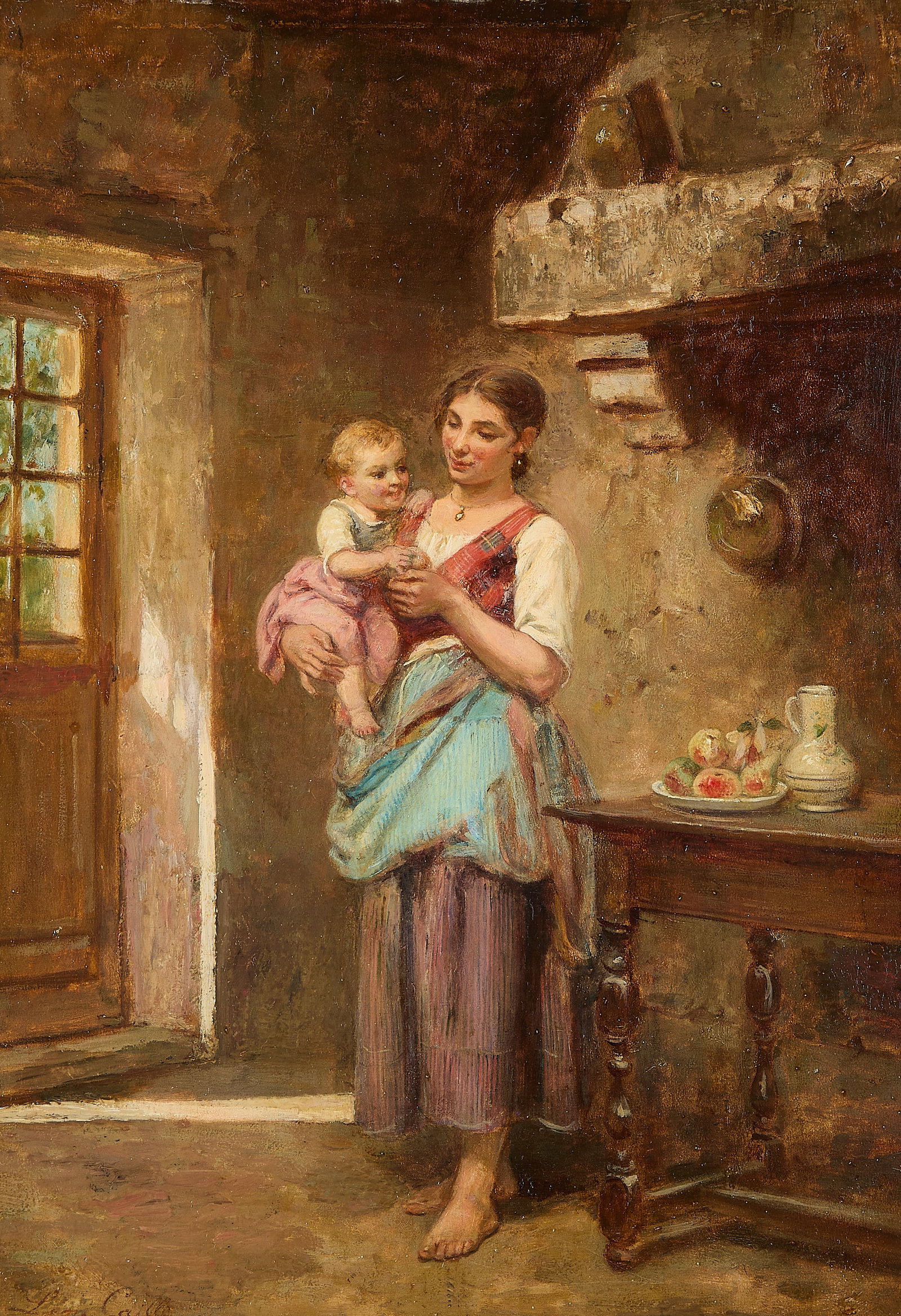 Leon Emile Caille "Mother's Darling" Painting: Leon Emile Caille (French, 1836-1907). Oil on board painting titled "Mother's Darling," 19th century. Depicting a tender domestic scene of a young mother holding her baby in a rustic kitchen interior.