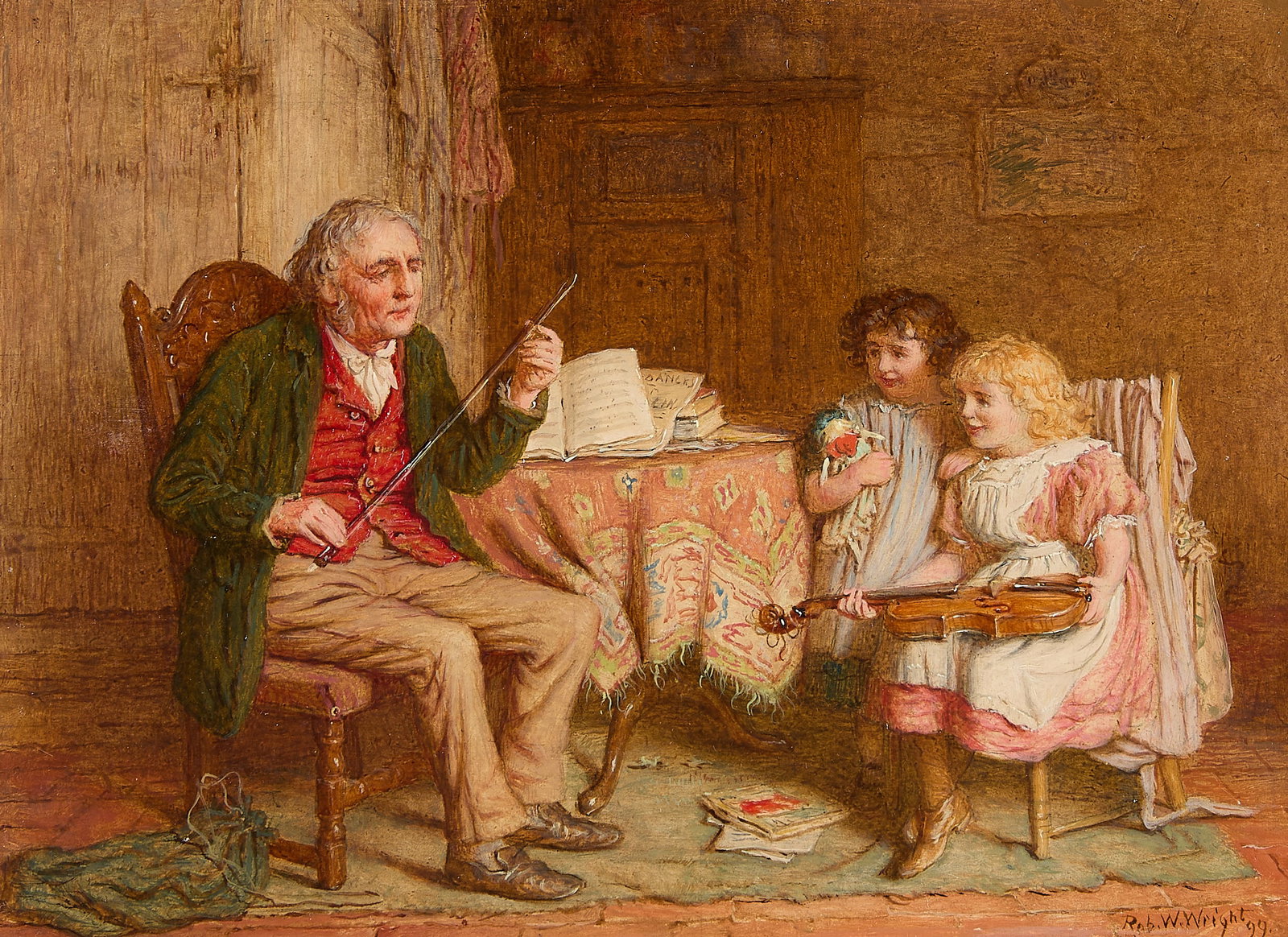 Robert W. Wright "Grandpa's Lesson" Painting 1899: Robert W. Wright (British, fl. 1871-1906). Oil on board painting titled "Grandpa's Lesson," 1899. Depicting a grandfather giving a violin lesson to his two grandchildren in a rustic cottage interior.