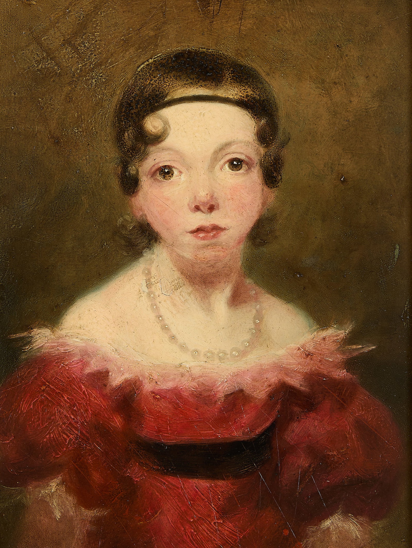 Portrait of a Girl in a Red Dress Oil Painting: Oil on board portrait painting of a girl in a red dress, circa late 19th or early 20th century. Depicting a young girl wearing an off-the-shoulder crimson dress embellished with a ruffled neckline and