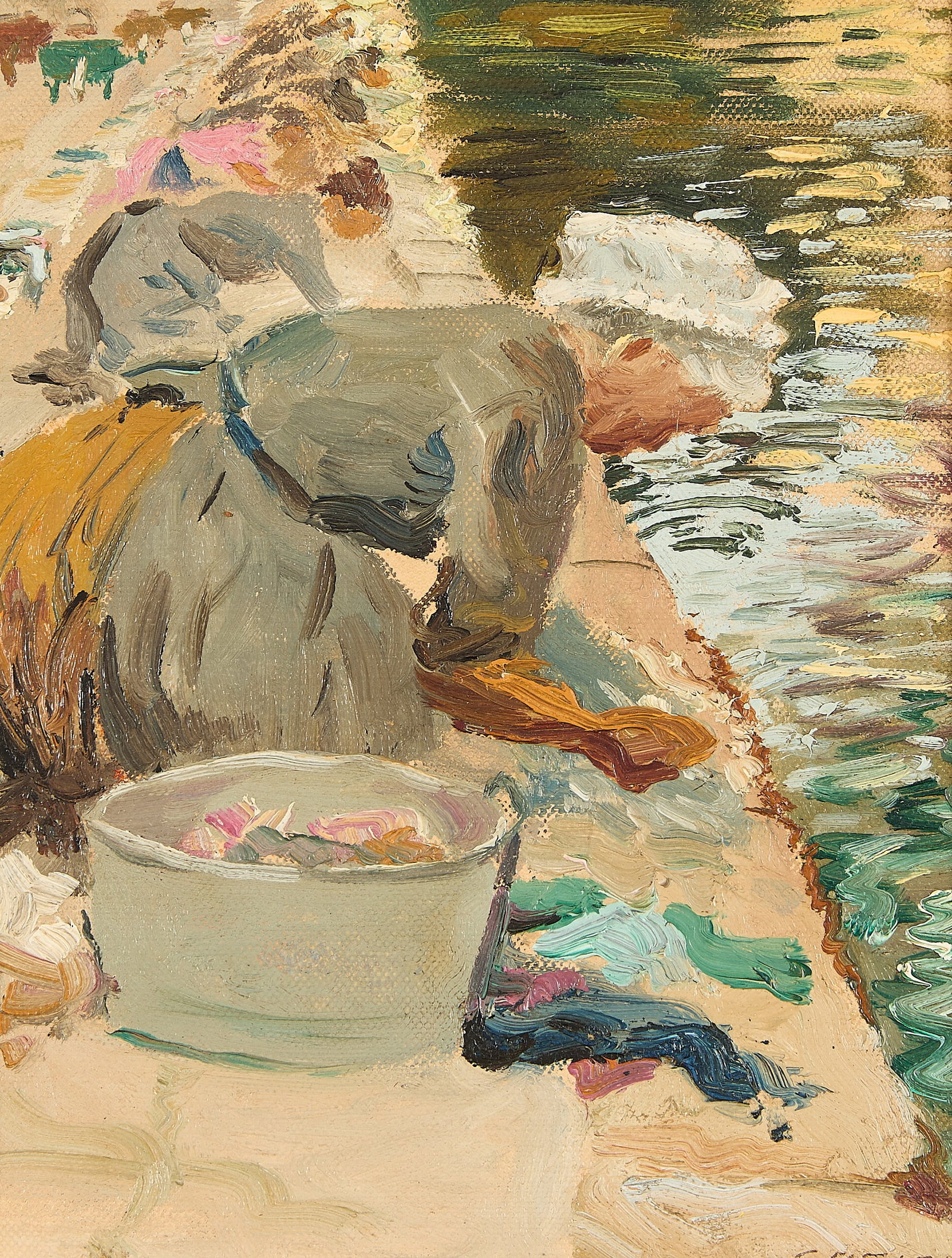 Caleb A. Slade "Washerwoman at Moret" Painting: Caleb Arnold Slade (American, 1882-1961). Oil on board painting titled "Washerwoman at Moret," 20th century. Depicting a row of washerwomen, also called lavendieres, working along the edge of a canal 