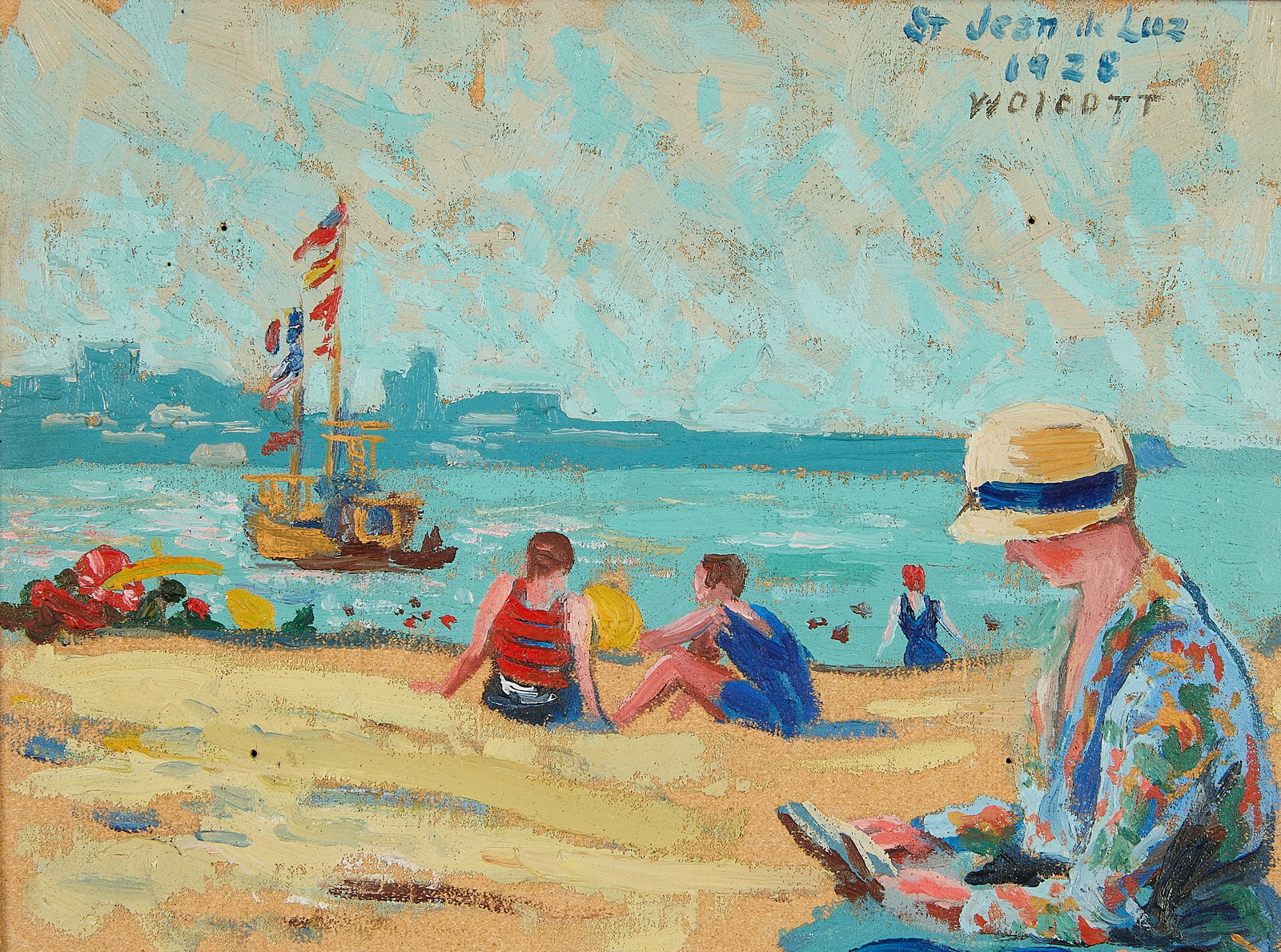 John Gilmore Wolcott "St. Jean de Luz" Painting: John Gilmore Wolcott (American, 1891-1965). Oil on canvas laid board painting titled "St. Jean de Luz", 1928. Depicting Priscilla Wolcott, the artist's wife, reading a book on the beach with figures s
