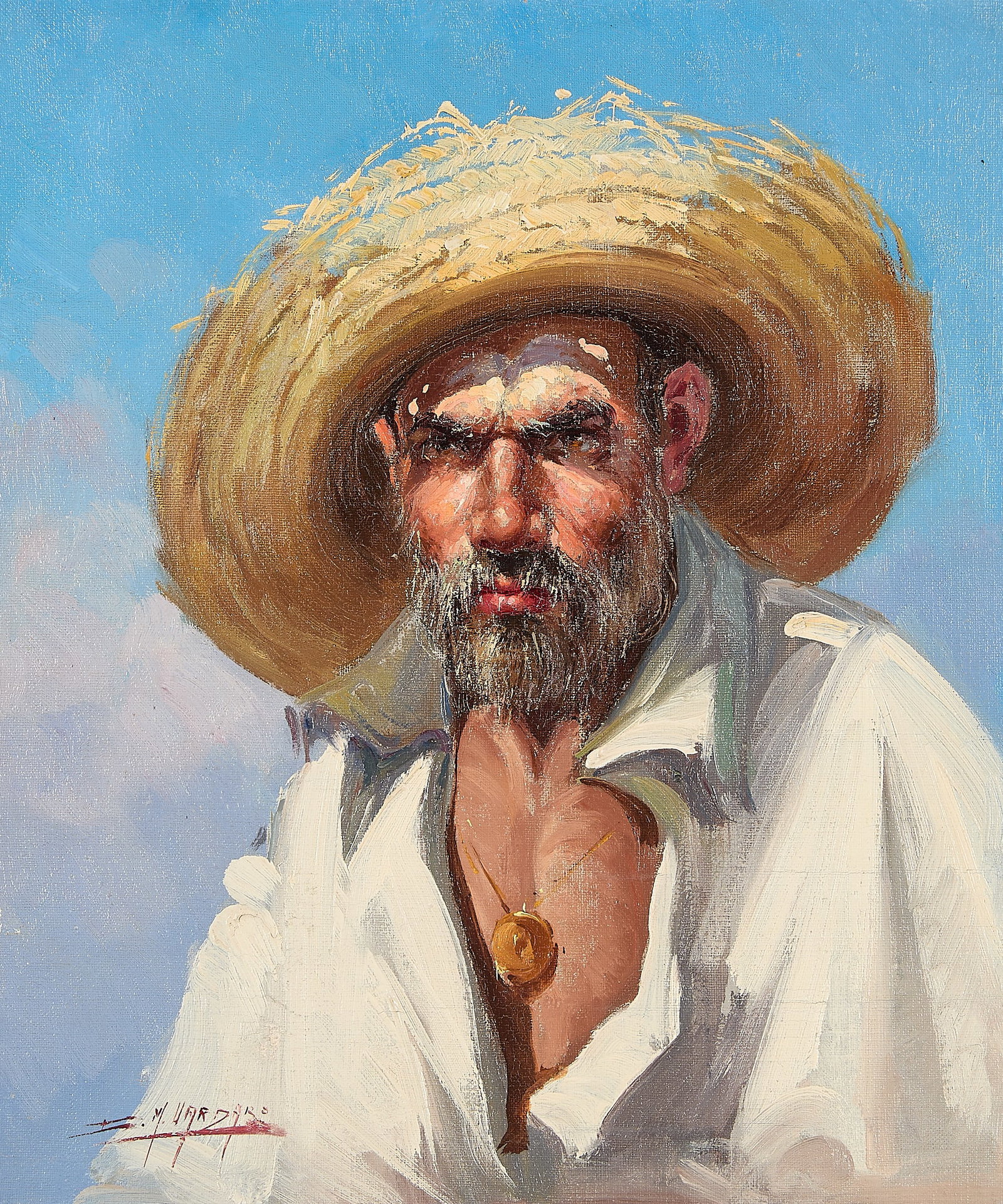 Signed Portrait of a Laborer Oil Painting: Oil on canvas portrait painting of a laborer, mid-20th century. Depicting a man with a straw hat, white colored shirt, and a gold locket around his neck. Possibly signed "[C/F]. M. Hardero" along the 
