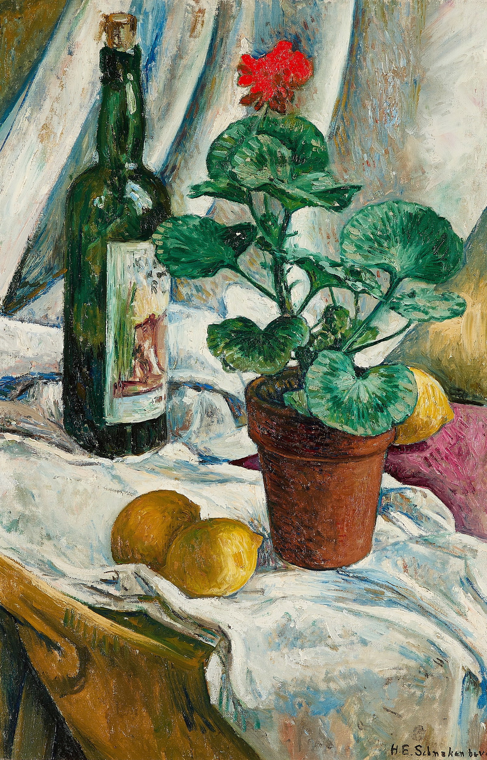 Henry Schnakenberg Still Life Painting: Henry Schnakenberg (American, 1892-1970). Oil on canvas still life painting, circa 1928. Depicting a potted red geranium surrounded by yellow lemons atop a white tablecloth. Featuring a green wine bot