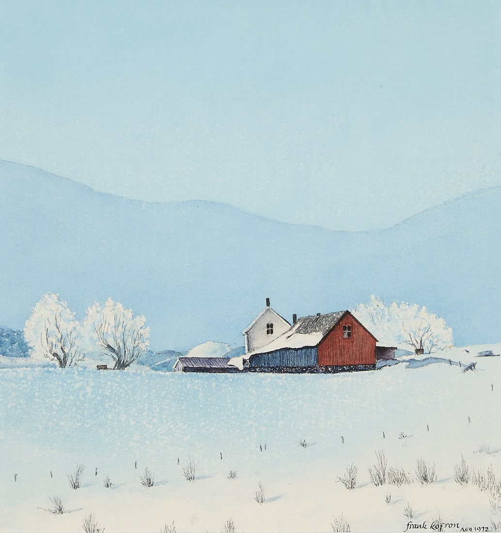 Frank Kofron Winter Landscape Watercolor 1972: Frank Kofron (American, 20th century). Watercolor on paper painting depicting a winter landscape, 1972. Featuring a red farm house partially buried beneath the winter snow along the center. Signed and